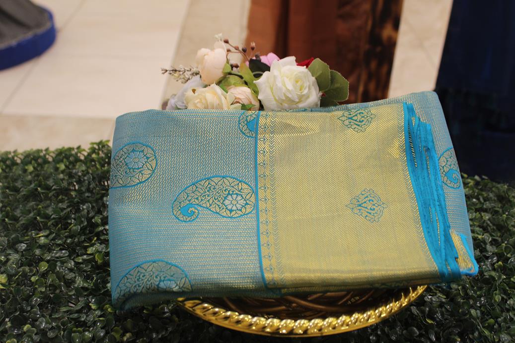 Sky Blue Double shade Colour, Bridal Designer Silk Saree.