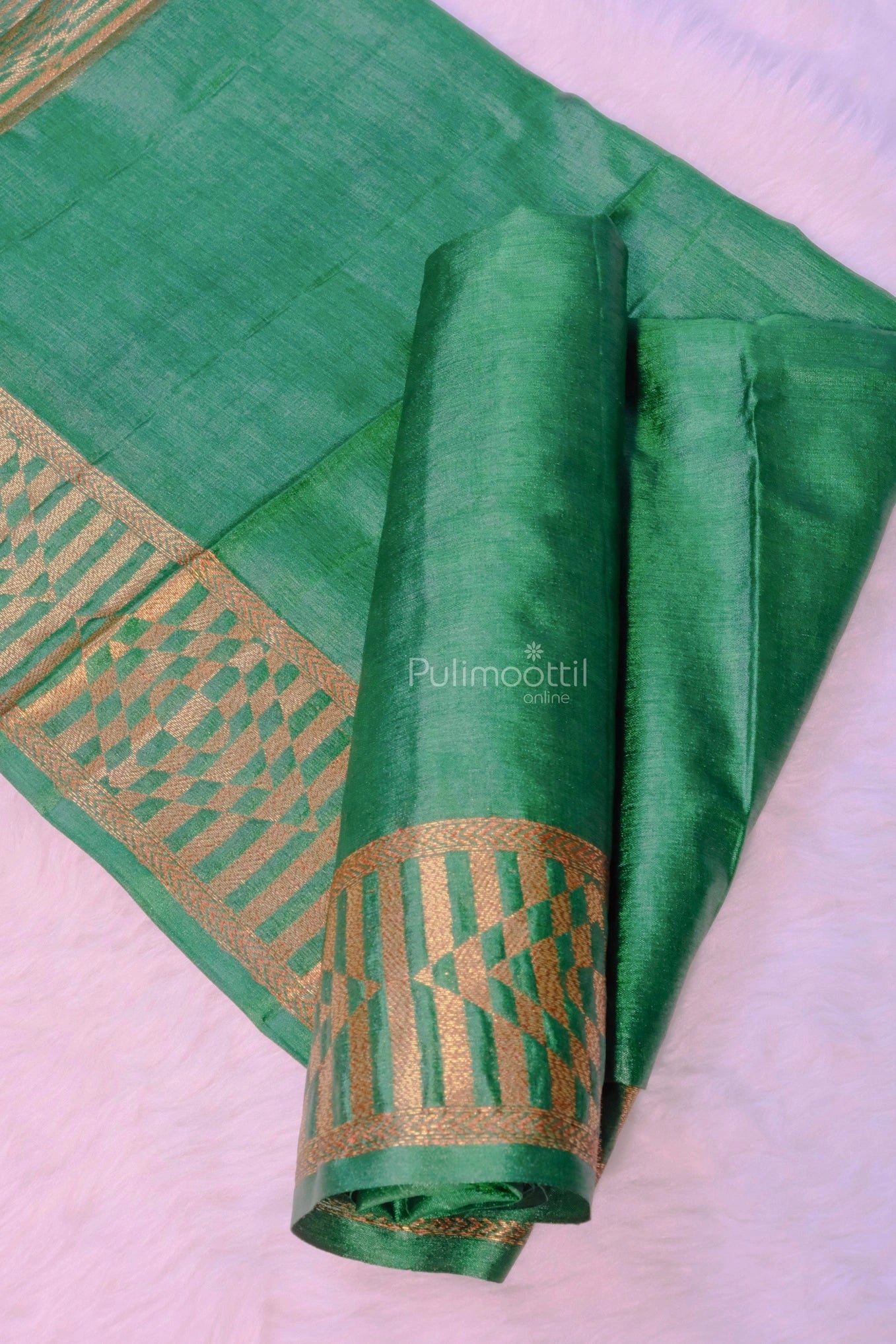 Green blouse piece with golden zari border matching the Iris purple Chandari silk saree