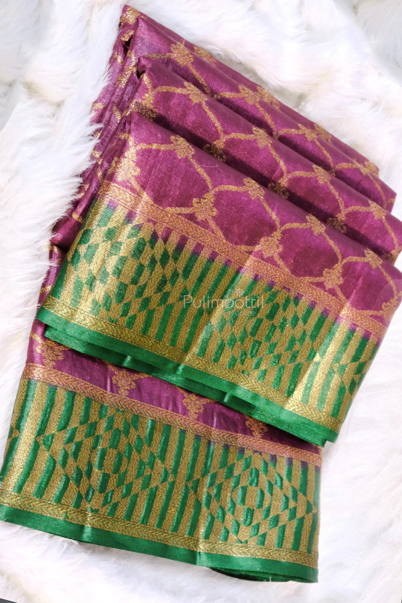 Close-up of Iris purple Chandari silk saree with gold lattice zari work and green-gold  folded border