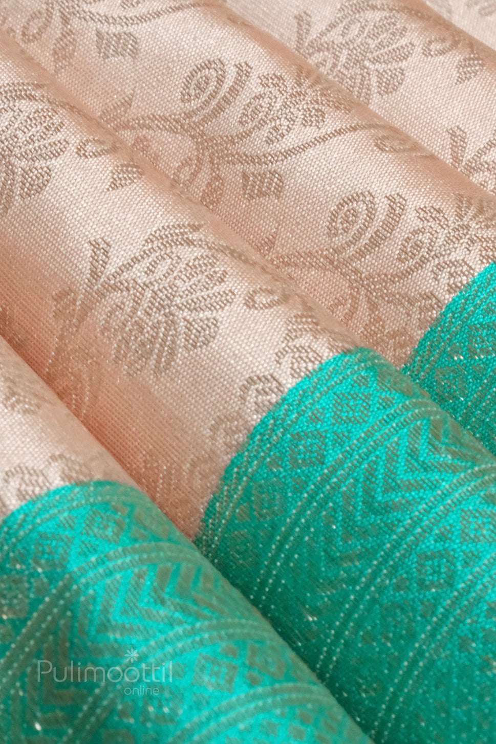 ivory cream Kanchipuram brocade blouse fabric with light gold floral motifs and jungle green border