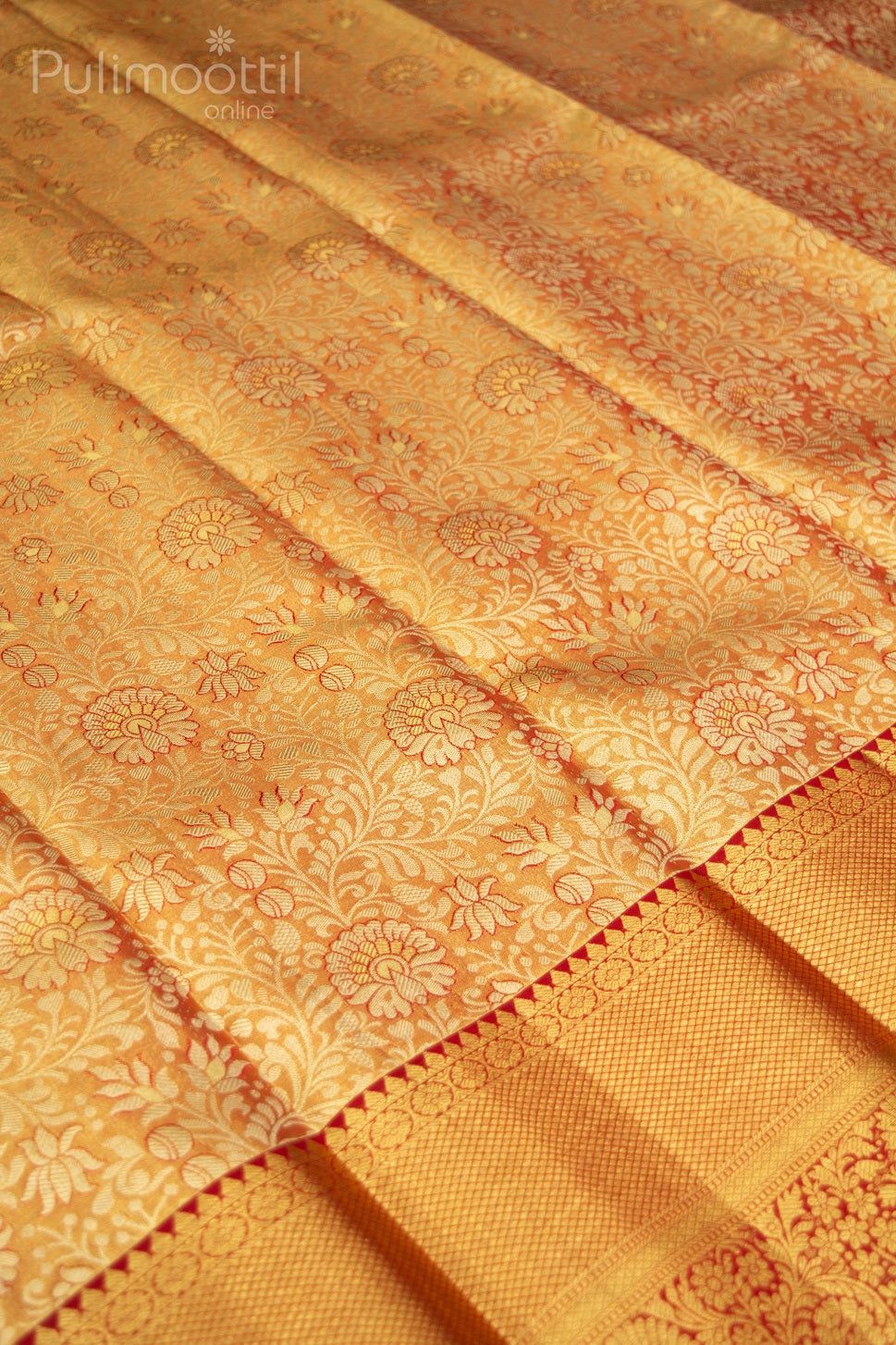 Kanchipuram tissue silk saree in gold with red zari floral and leaf motifs, traditional contrast border – perfect for bridal or festive wear