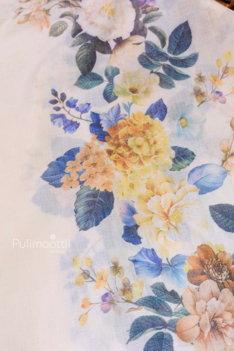 Detailed view of Kerala saree pallu showcasing vibrant floral digital print with leaves and blossoms, complementing the traditional golden border.