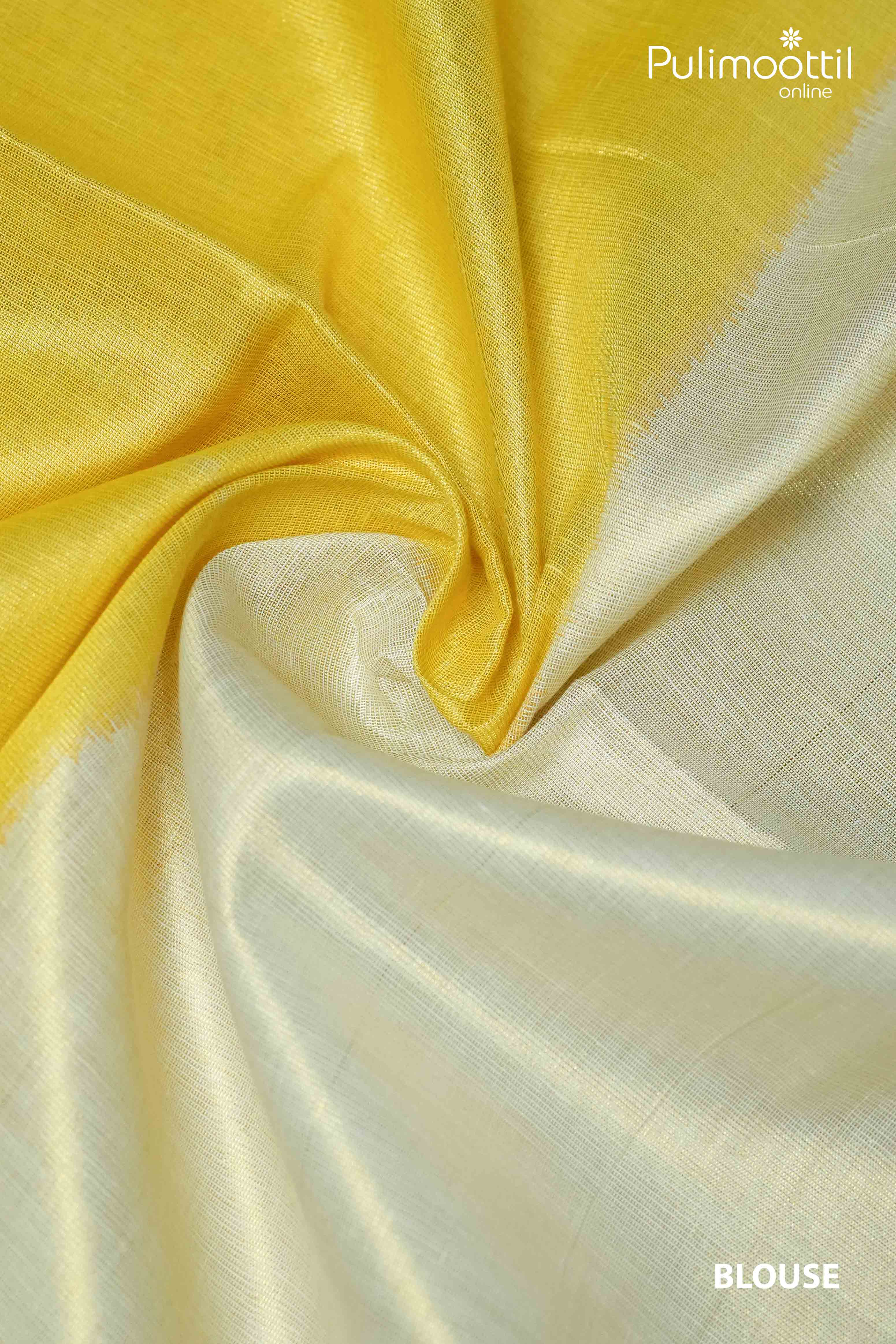 Blouse fabric of Kerala golden tissue saree in soft yellow and off-white shades, showing smooth texture and color blend.