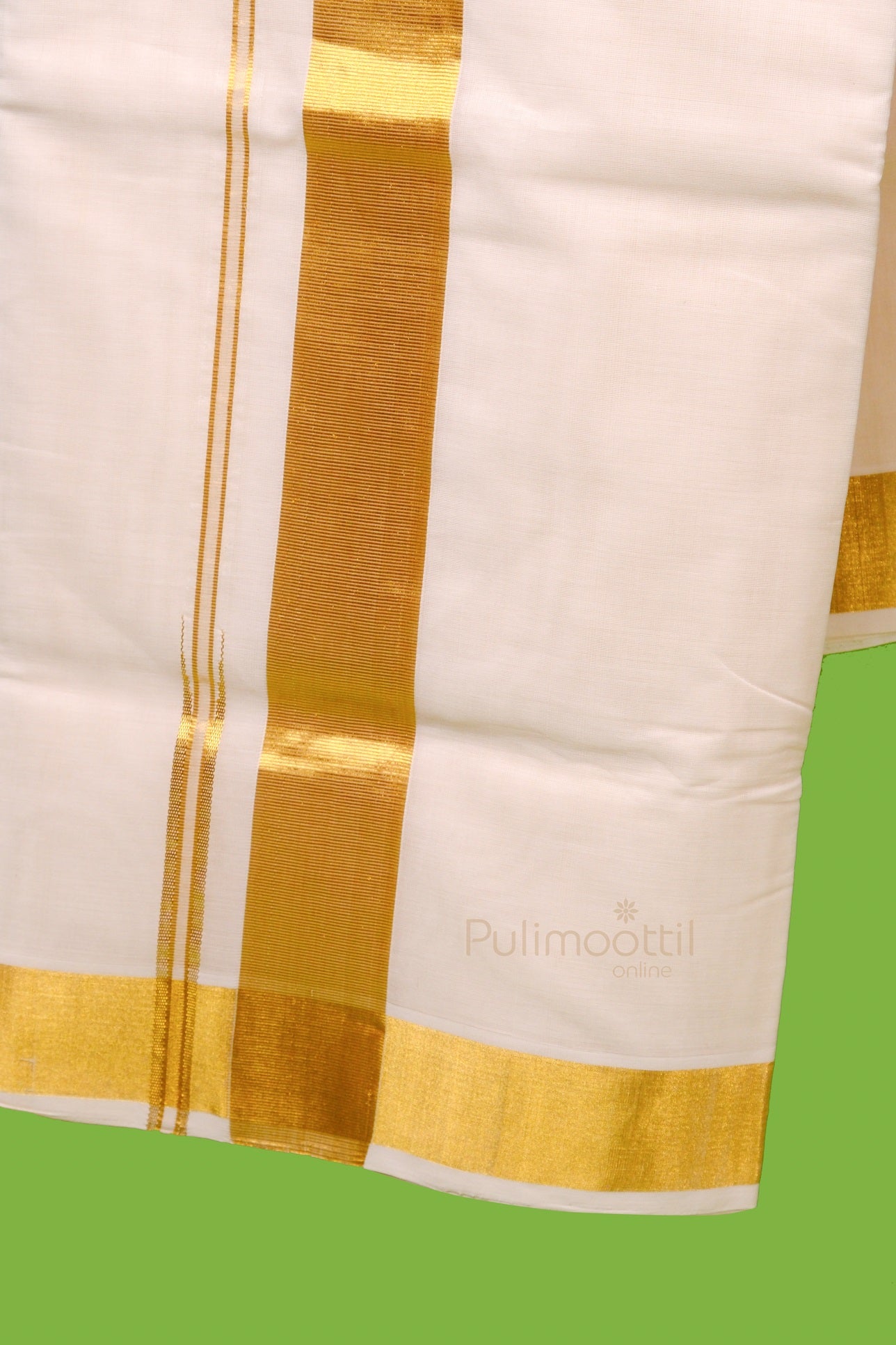 Kerala kasavu mundu hanging with broad gold zari border and vertical golden stripes