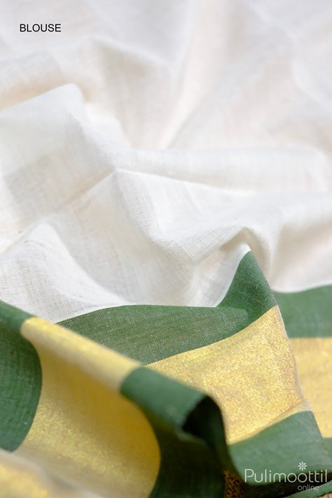 Close-up of Kerala handloom saree blouse piece in off-white with green and golden tissue border — matching traditional set mundu, ideal for Onam and festive occasions.