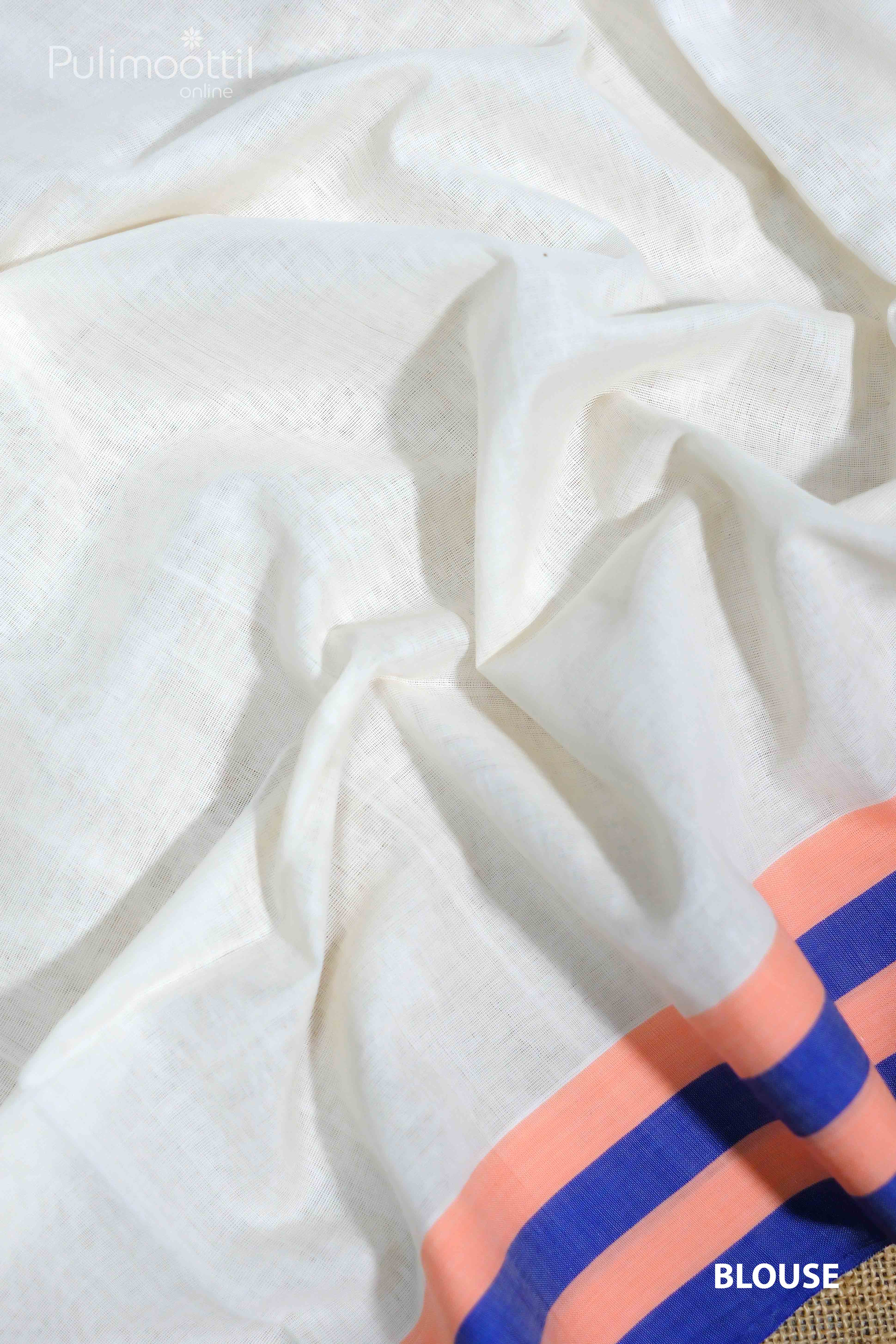 A close-up of a cream-white blouse piece for a traditional Kerala Onam saree, featuring soft peach and deep blue stripes along the hem, draped gently to showcase its fine cotton texture.