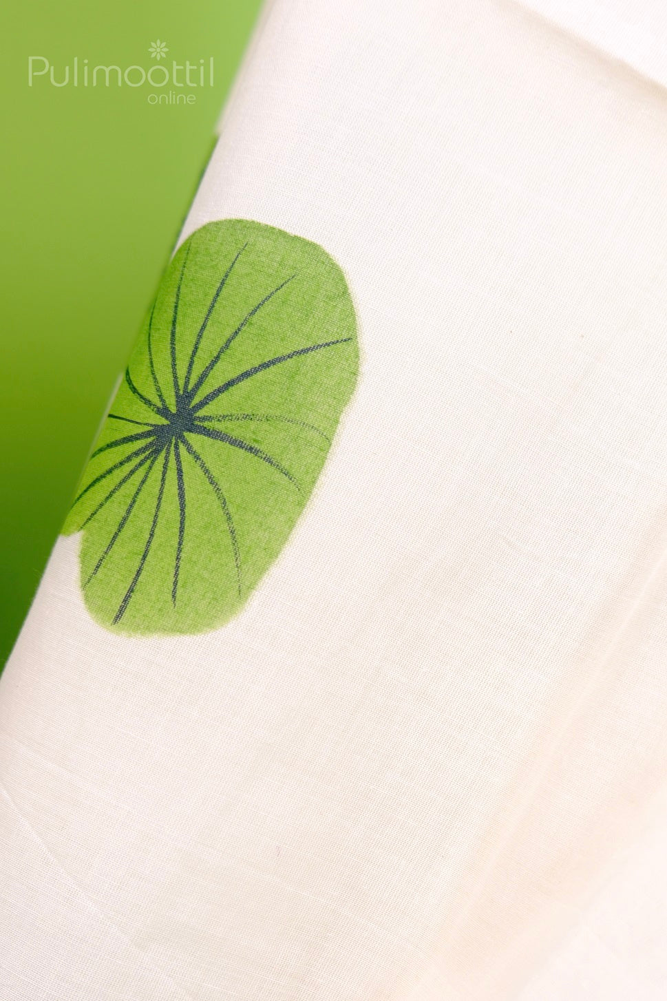 Close-up of green floral print on Kerala tissue saree – elegant handloom look.