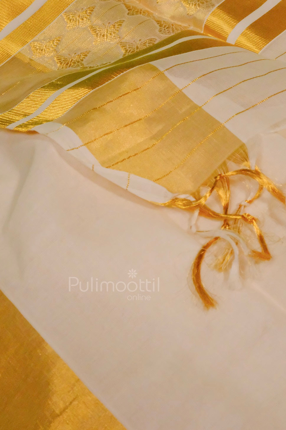 Close-up of traditional Kerala kasavu saree showcasing intricate golden zari butterfly motifs and parallel gold stripes.