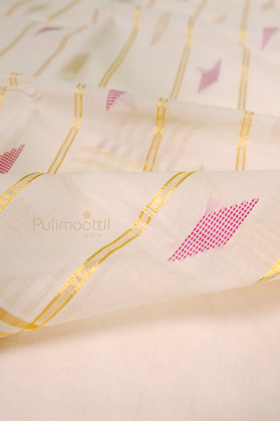 Transparent section of Kerala kasavu saree showcasing pink and beige woven motifs with gold zari lines