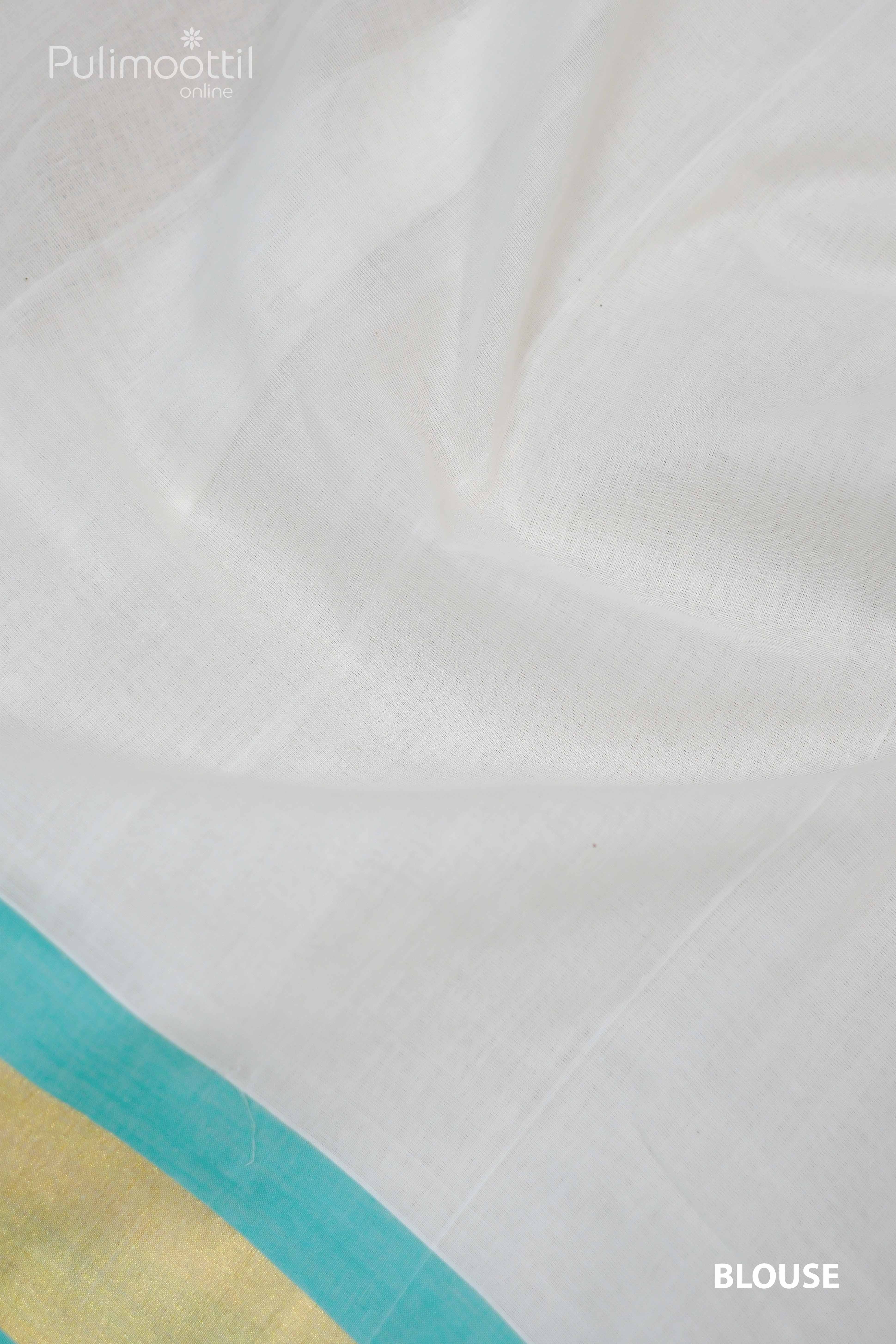 Pleated cream‑white Kerala tissue saree draped beside a woven basket, with aqua‑blue pinstripes and a shimmering gold tissue border in the pallu.