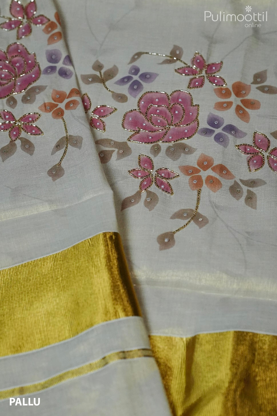 Golden tissue pallu with floral print, bead and sequence embellishment on Kerala traditional tissue set saree – festive Onam Kerala saree design.