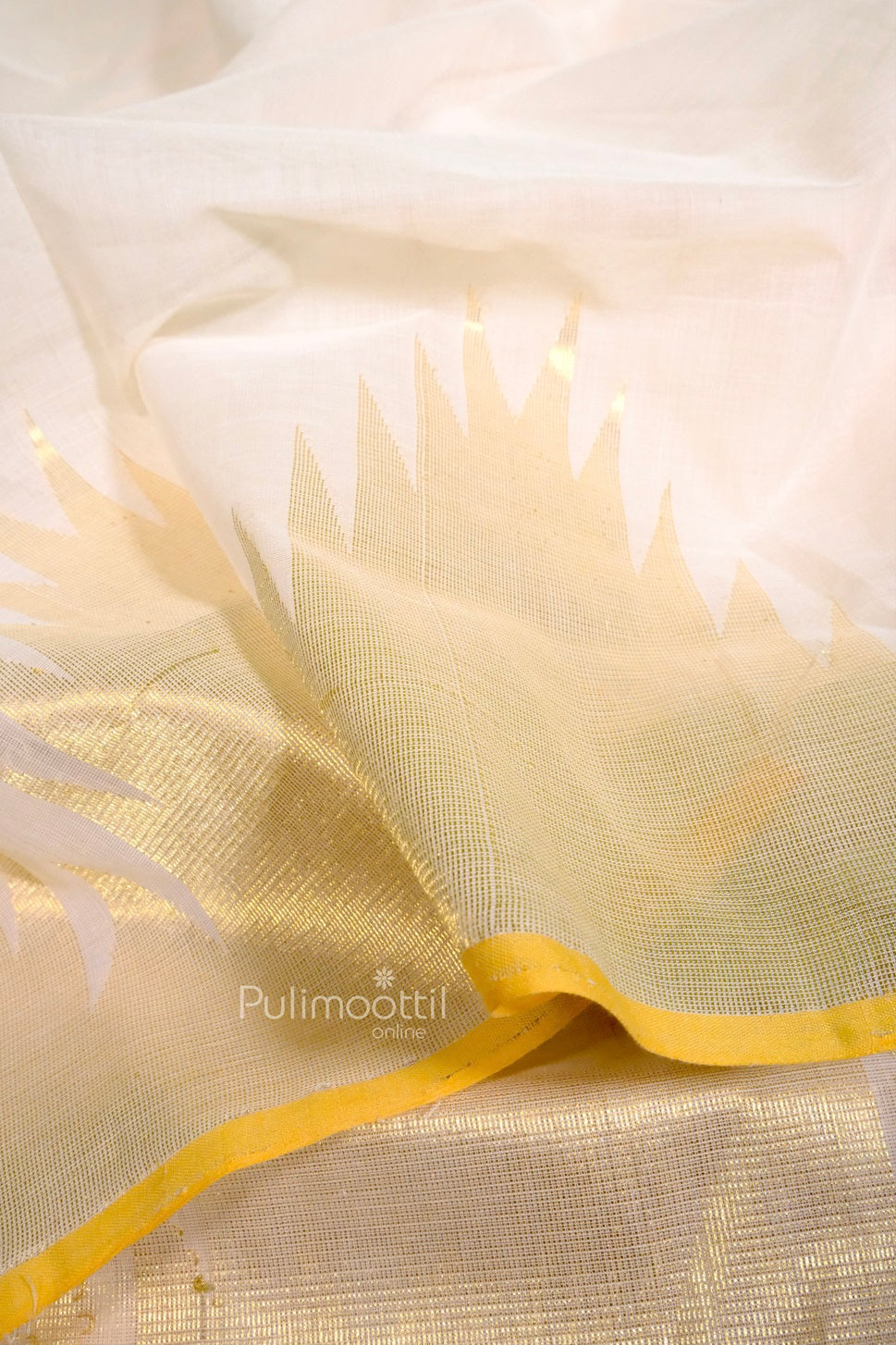Front view of Kerala handloom cotton saree featuring golden kasavu horizontal lines and a subtle temple border
