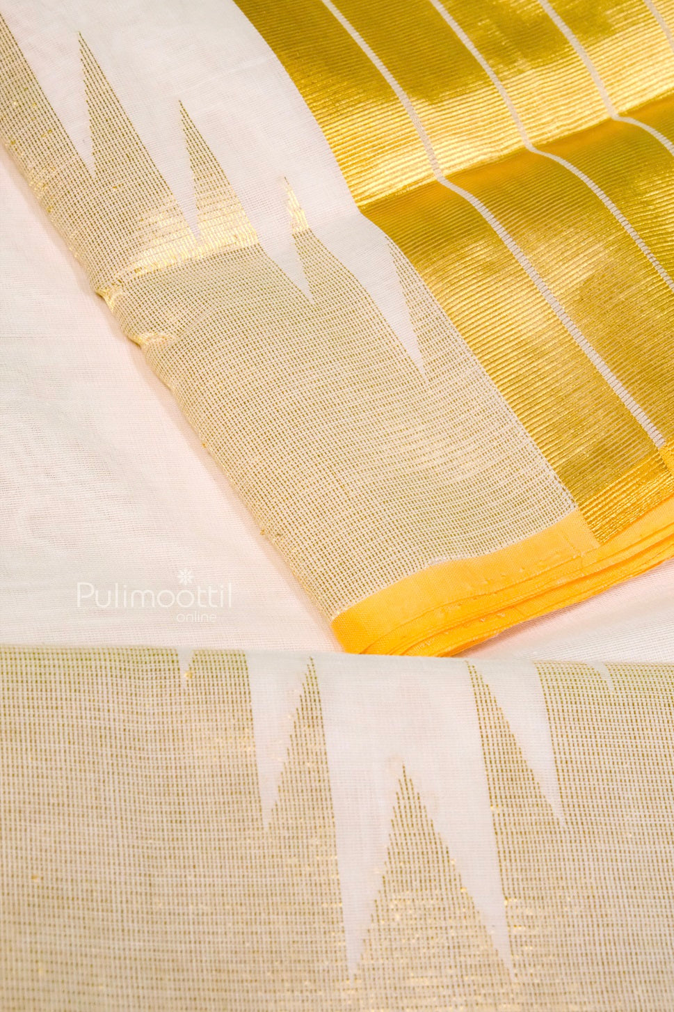Elegant display of the saree’s pallu with tissue temple border and golden kasavu detailing, finished with soft tassels