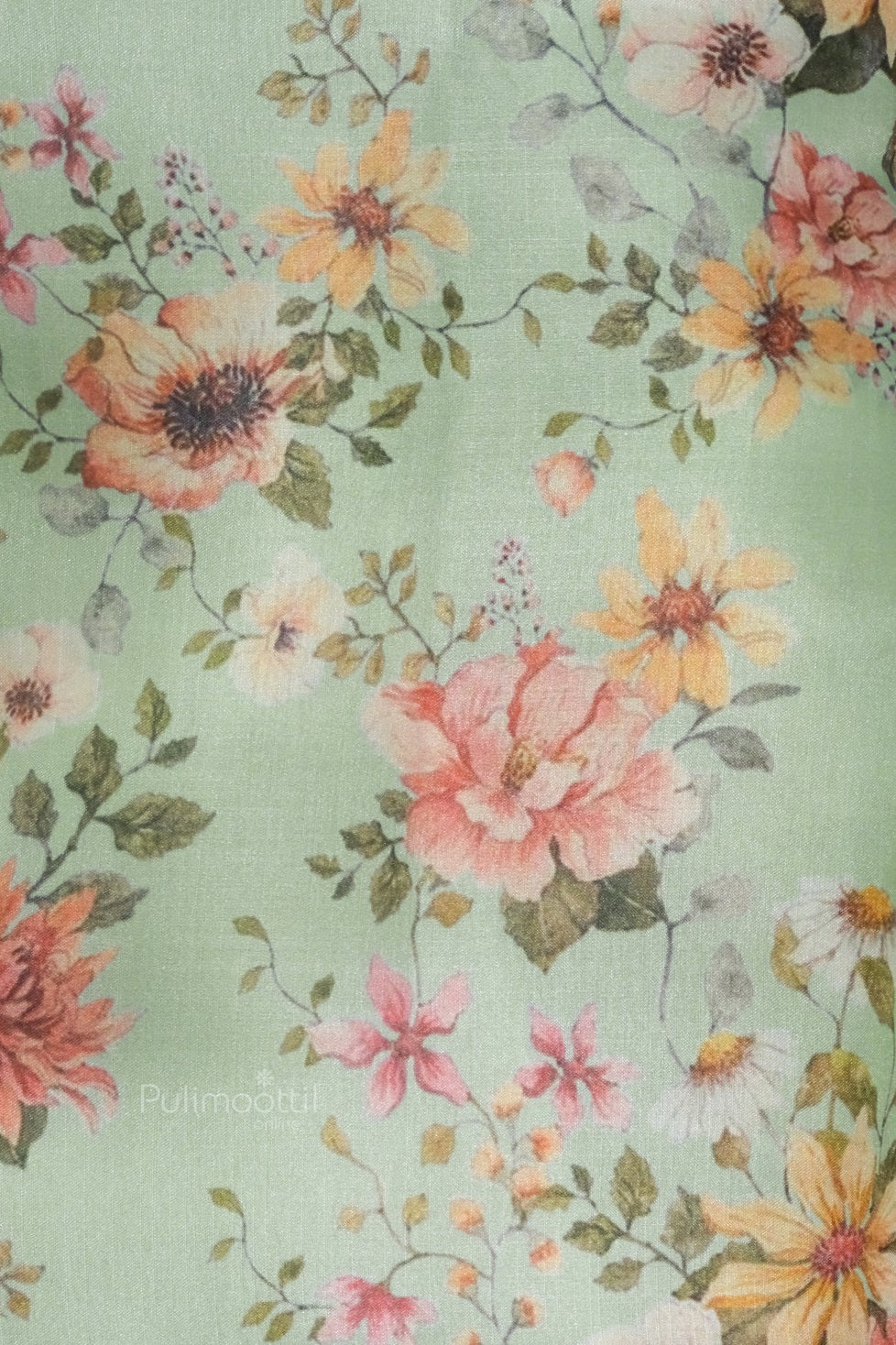 Light cyan saree displayed with intricate pallu spread out. Traditional zari detailing stands out against the soft silk fabric.