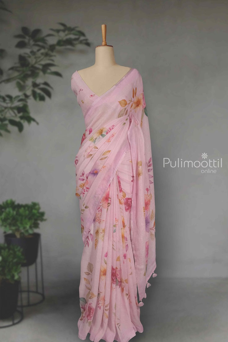 Light Pink Color Linen Saree