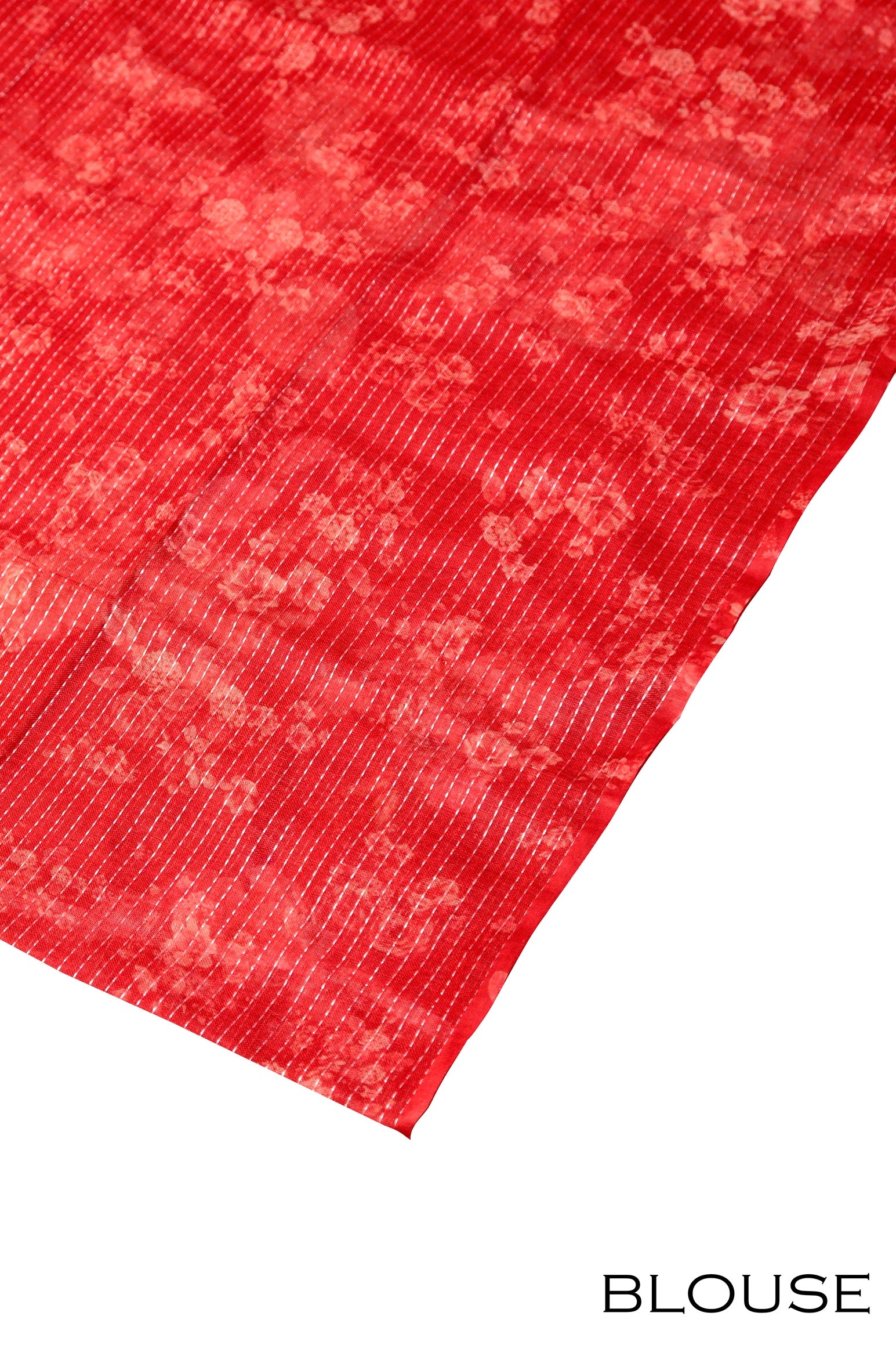 Detailed blouse fabric of red floral linen printed saree with subtle shine