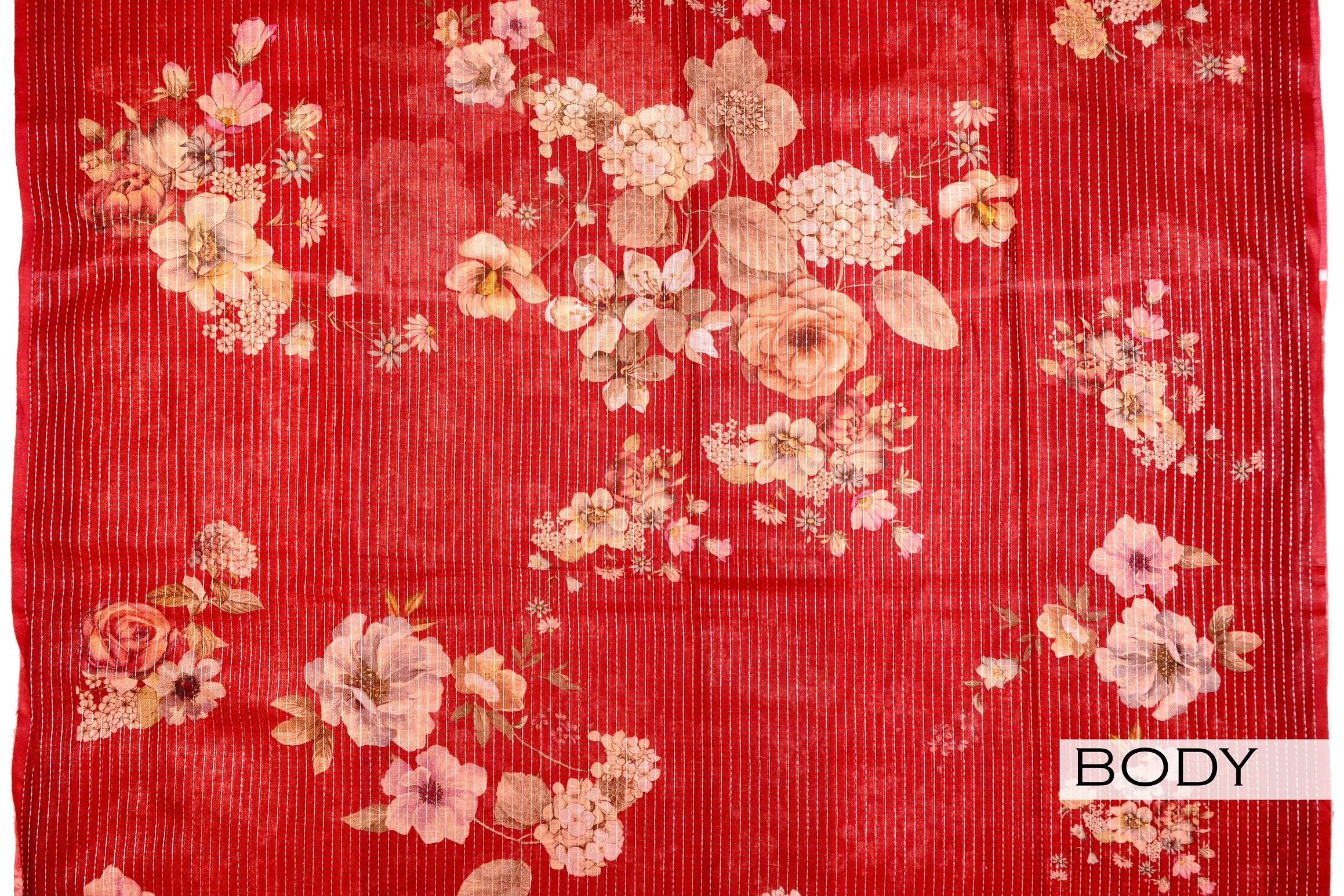 Full display of red floral linen printed saree hanging on a stand