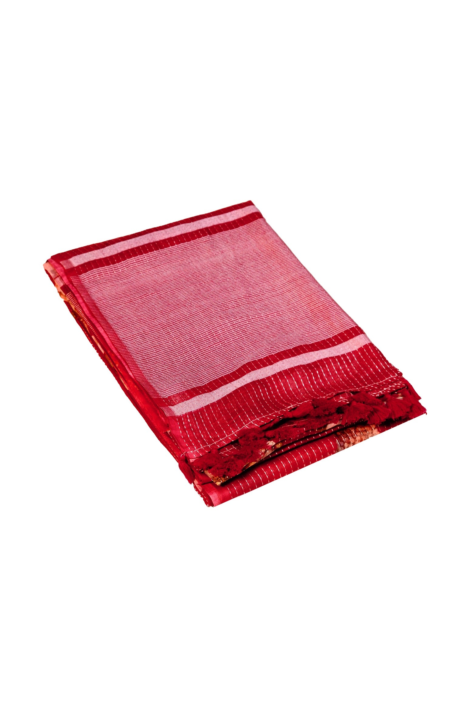 Folded view of red floral linen printed saree with striped border
