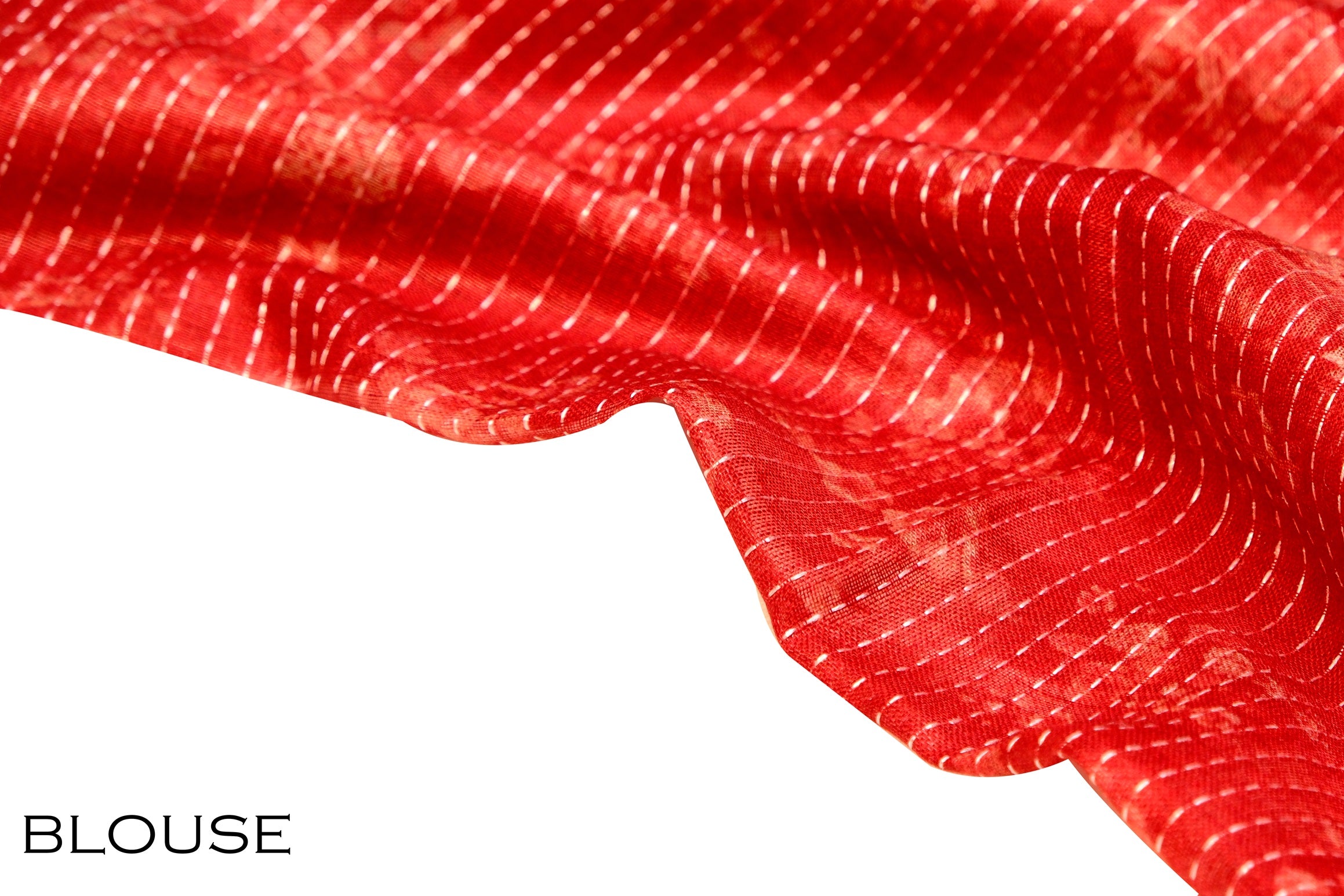 Blouse piece of red linen printed saree with floral texture and stripes