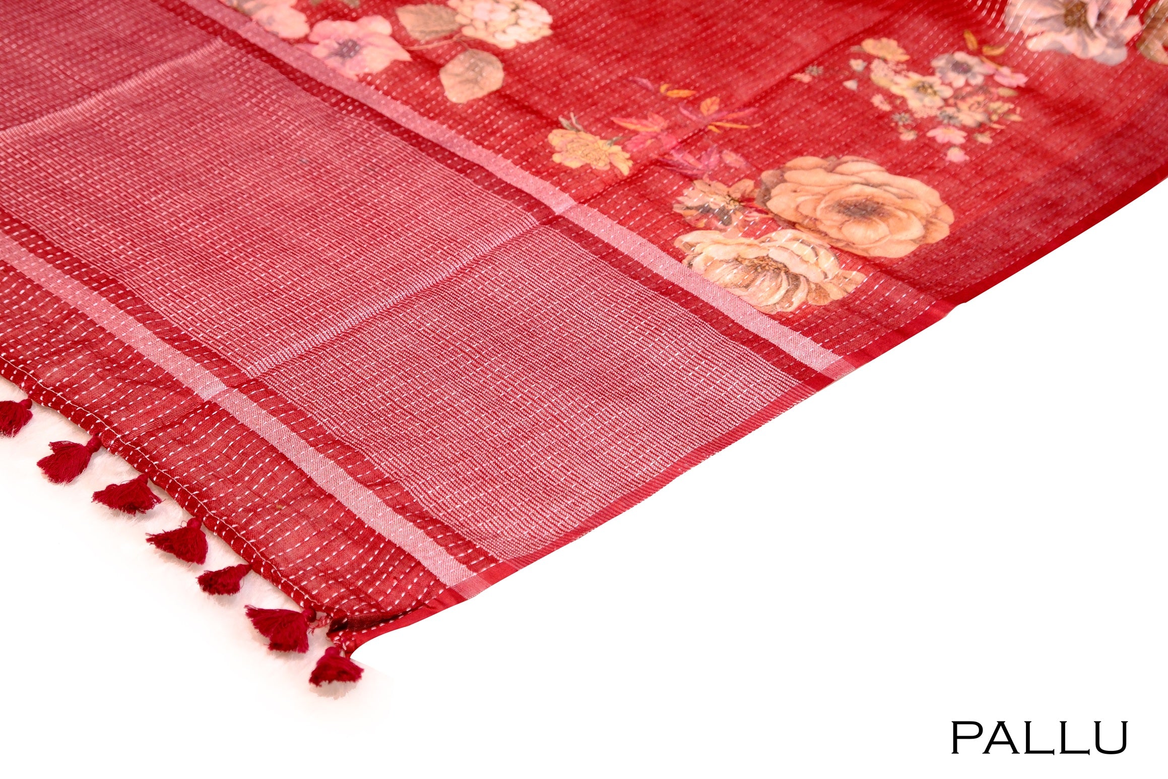 Pallu of floral linen printed saree with elegant striped detailing