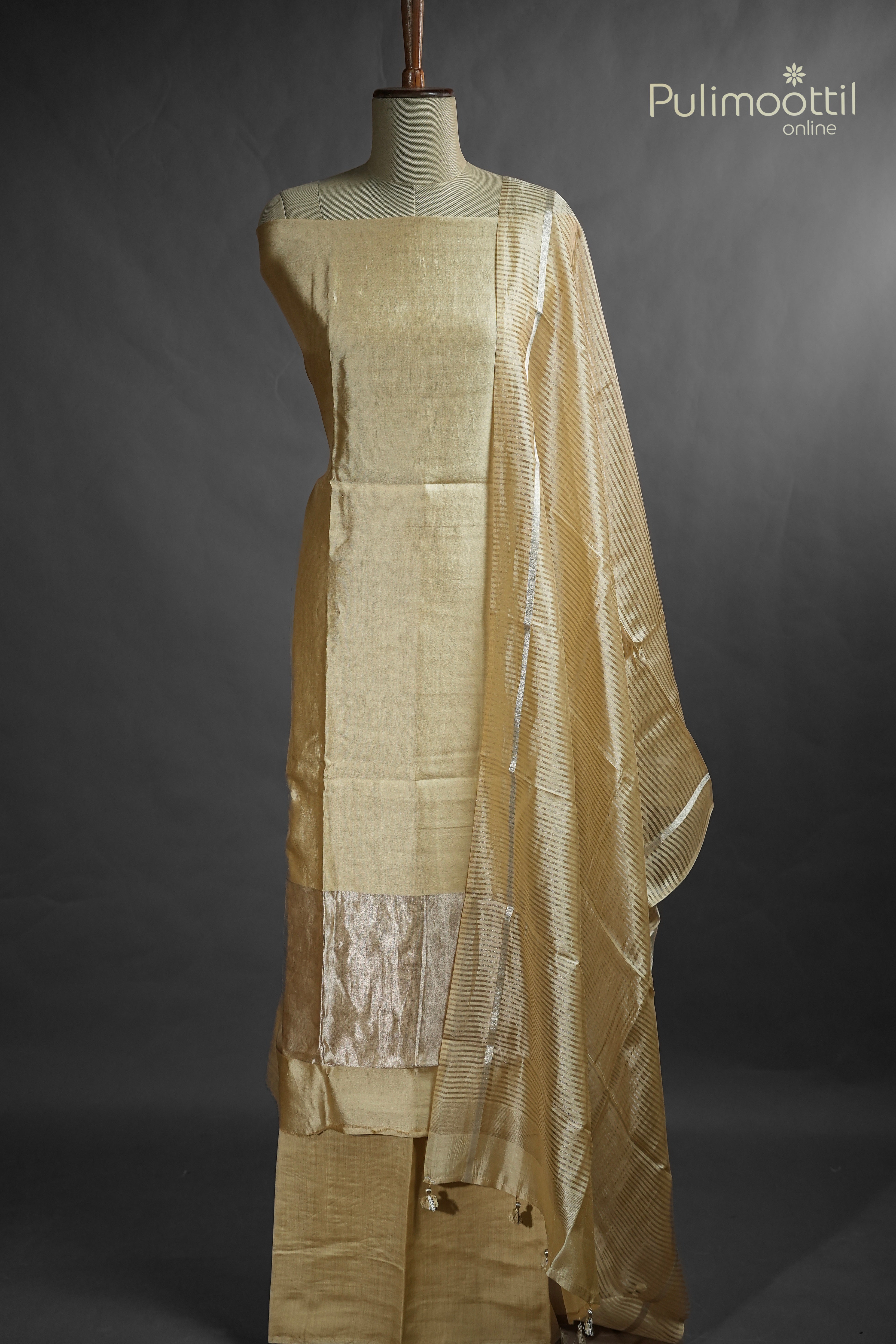 Light Golden Pure Silk Unstitched Salwar Set