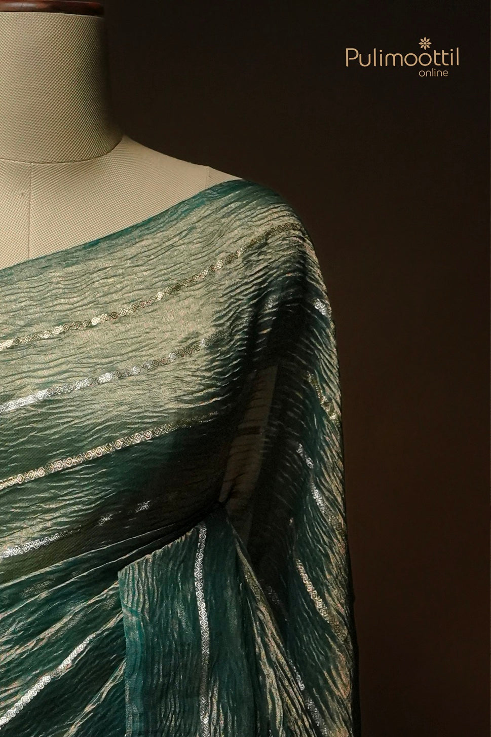 Bottle Green Colour Crushed Organza Fancy Saree