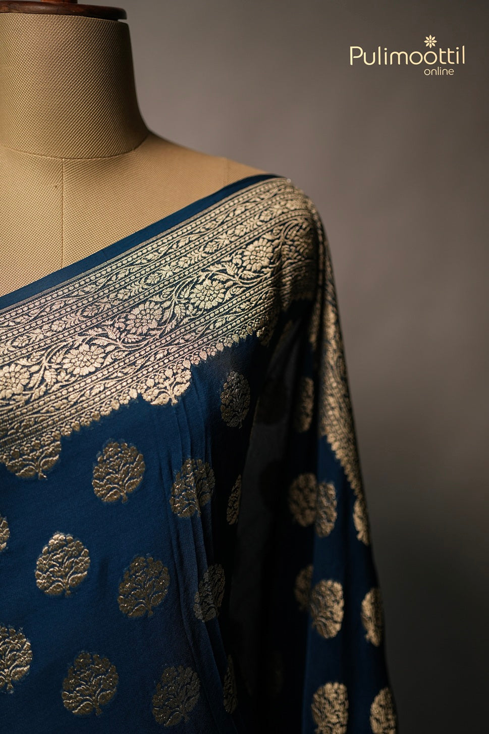 Dark Peacock Blue Colour Banarasi Saree