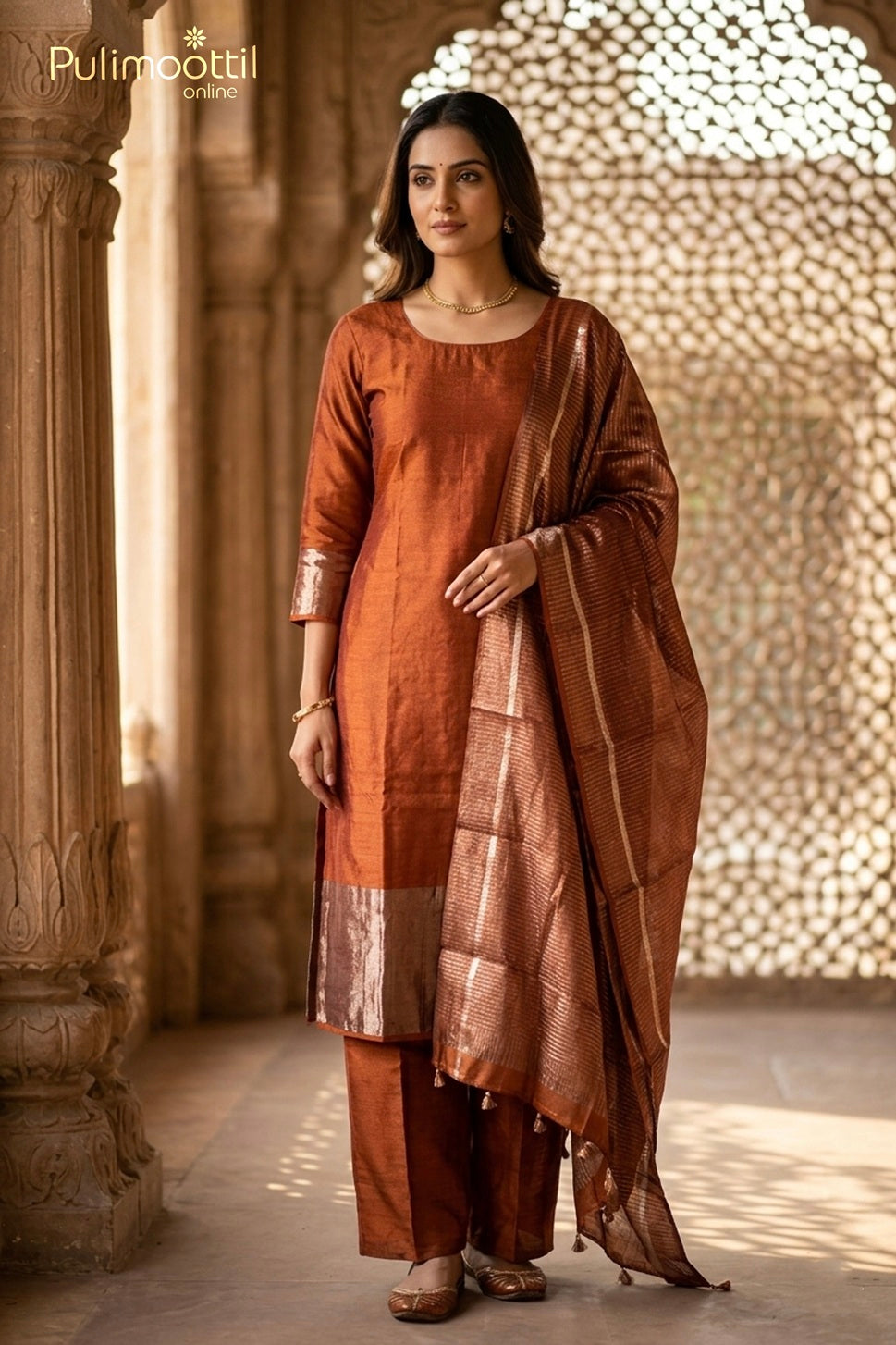 Rust Pure Silk Unstitched Salwar Set