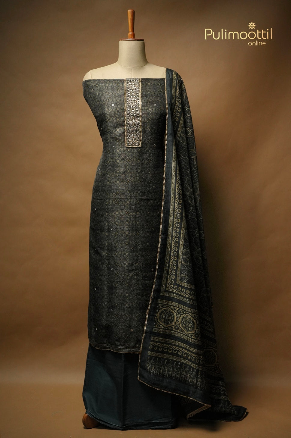 Dark Green Semi Tussar Unstitched Salwar Set