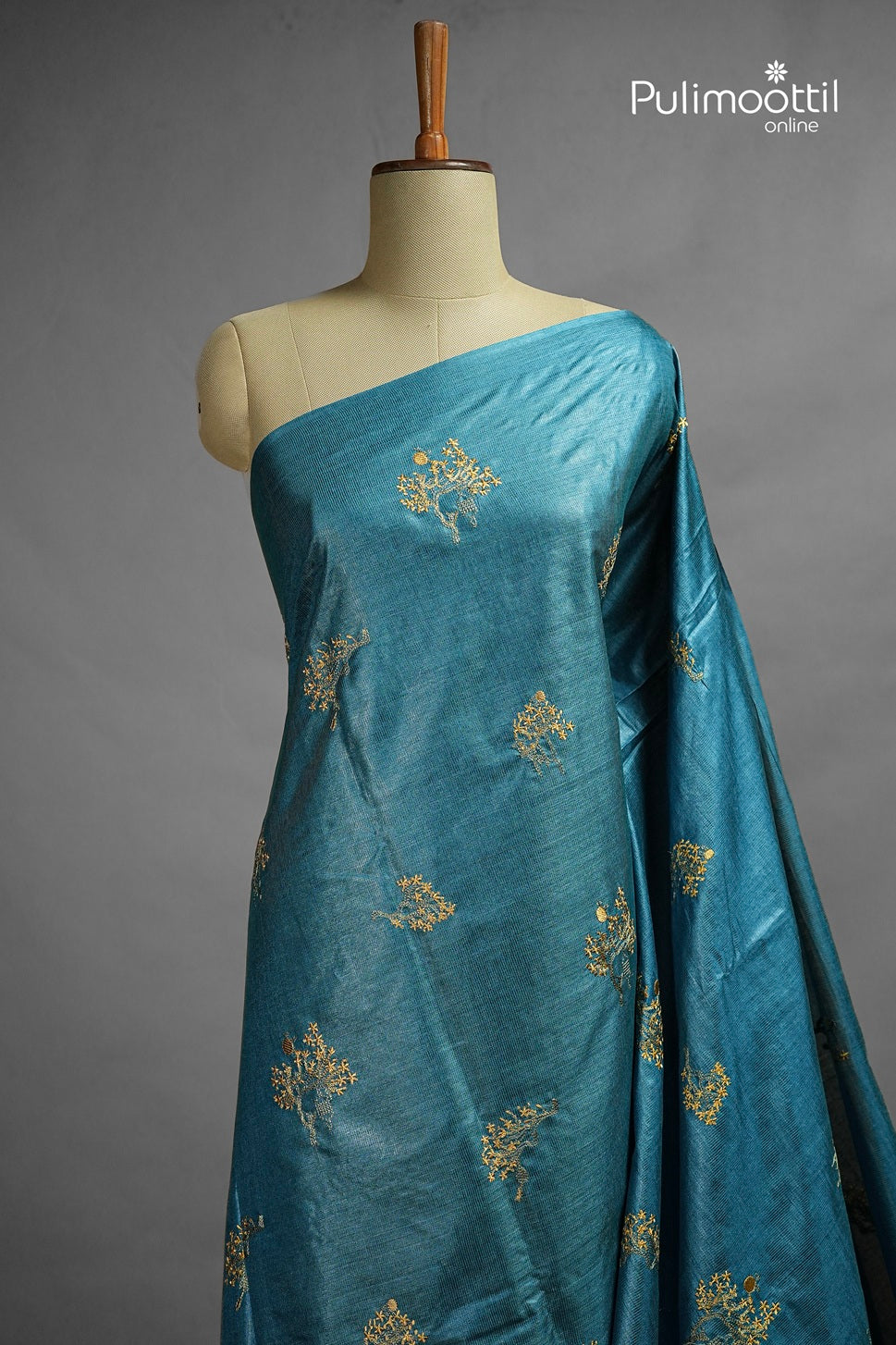 Dark Sky Blue Colour Tussar Silk Saree