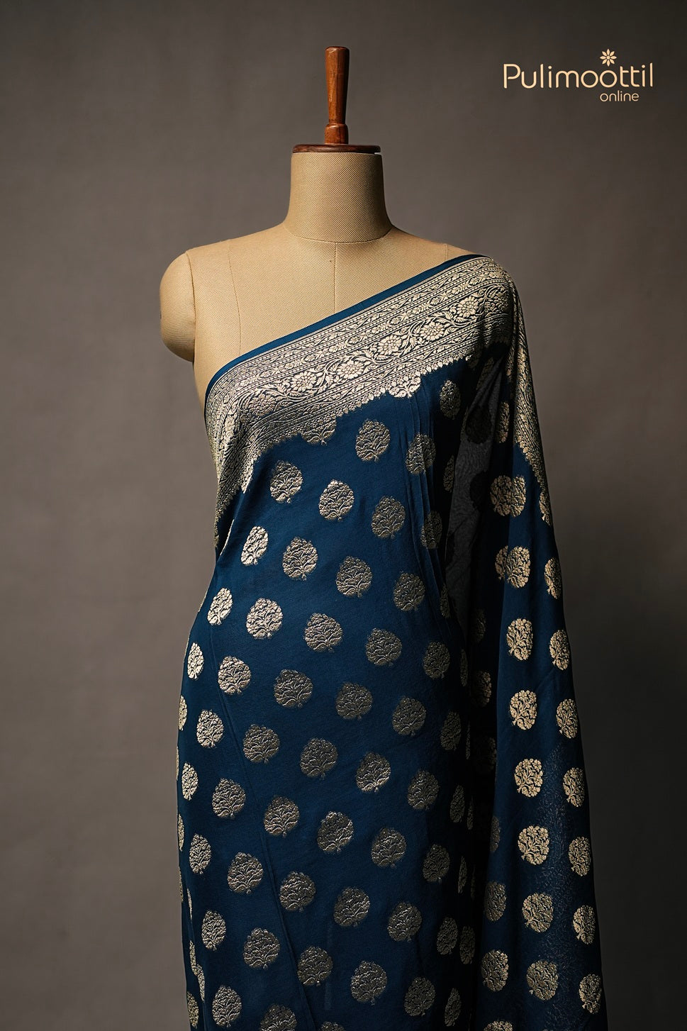 Dark Peacock Blue Colour Banarasi Saree