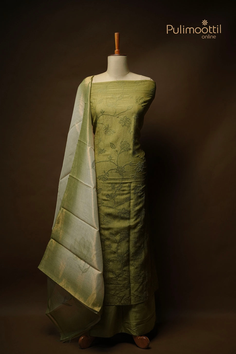 Olive Green Crushed Organza Unstitched Salwar Set