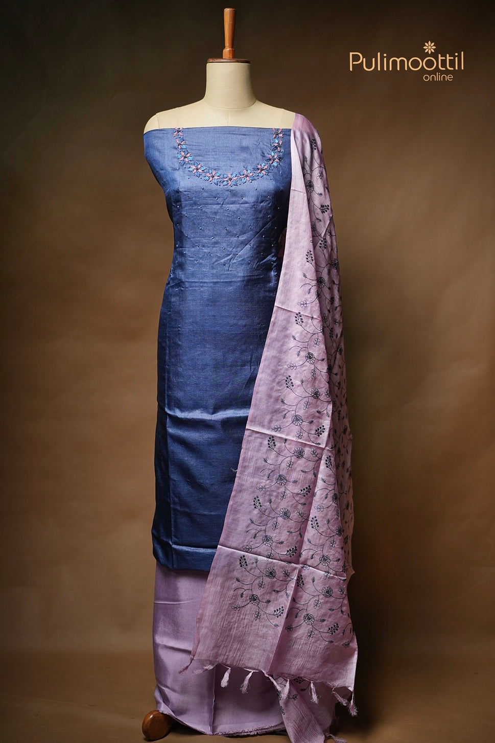 Dark Blue Tussar Unstitched Salwar Set