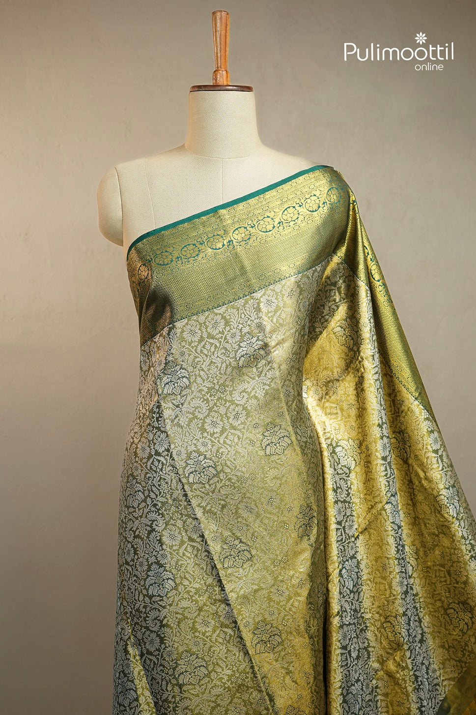 Bottle Green Colour Kanchipuram Golden Tissue Wedding Saree