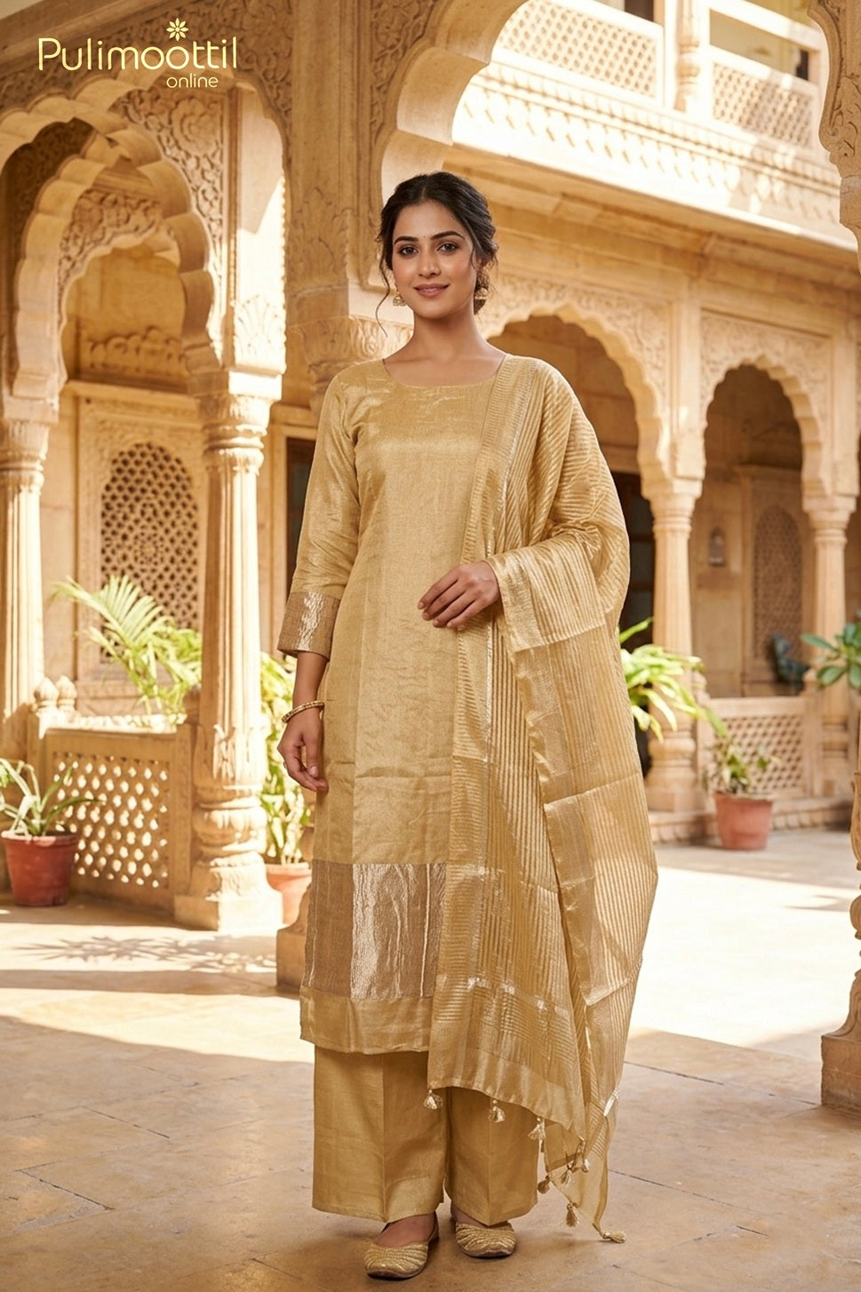 Light Golden Pure Silk Unstitched Salwar Set