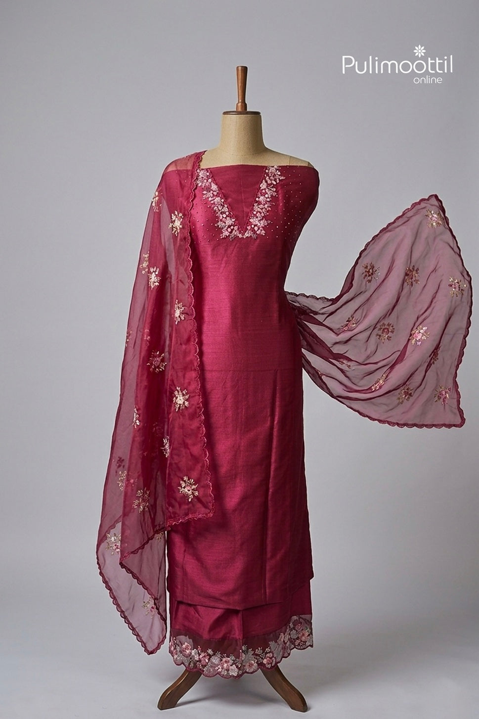 Maroon Chanderi Unstitched Salwar Set