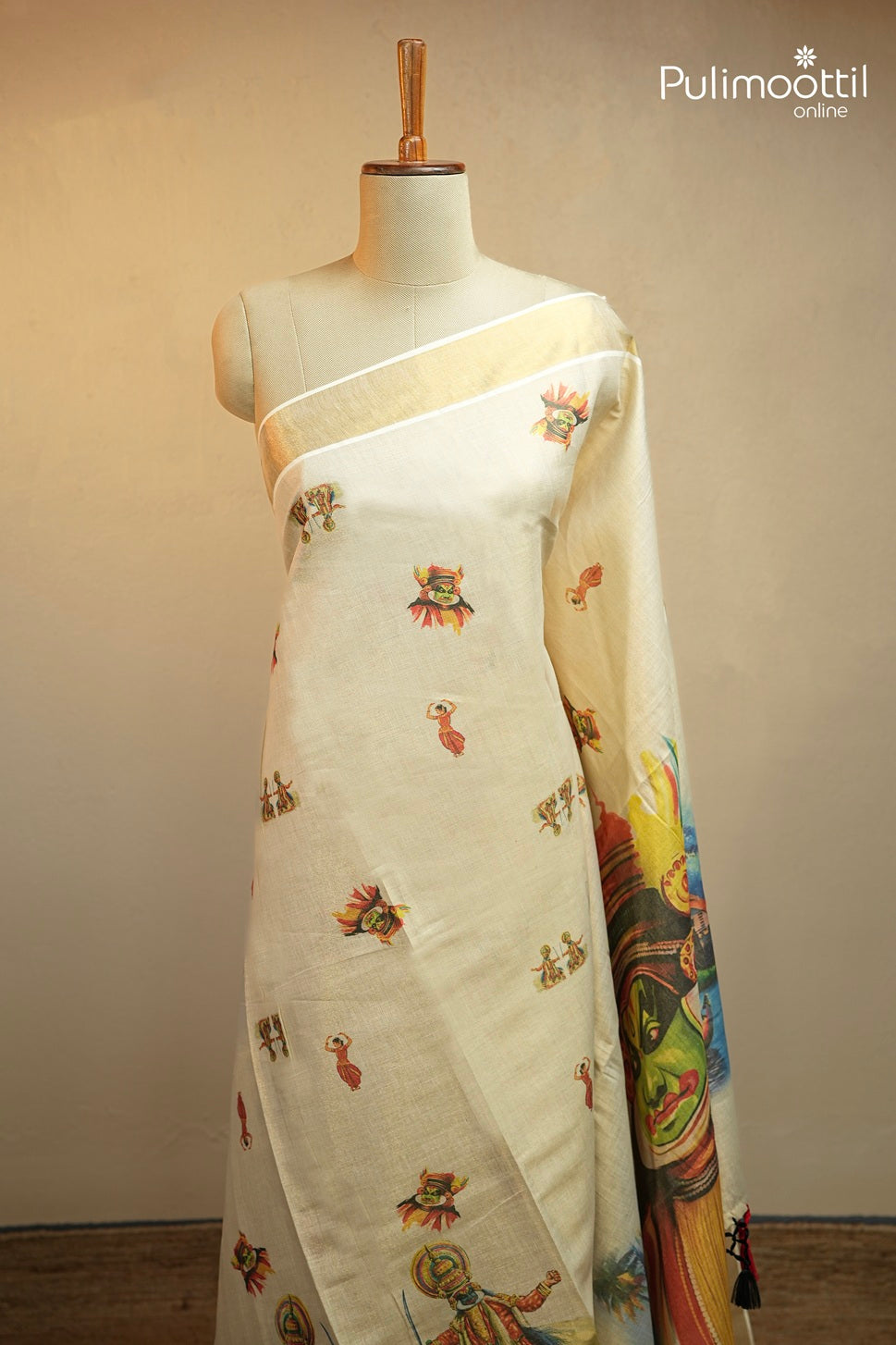 Kerala Traditional Golden Tissue Kathakali Printed Set Saree
