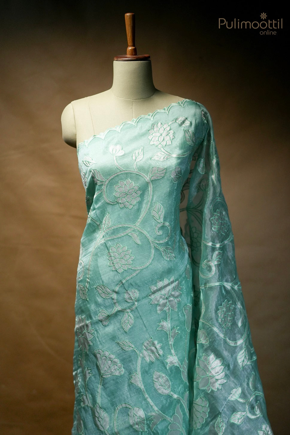 Aqua green-colored tissue organza appliqué work fancy saree