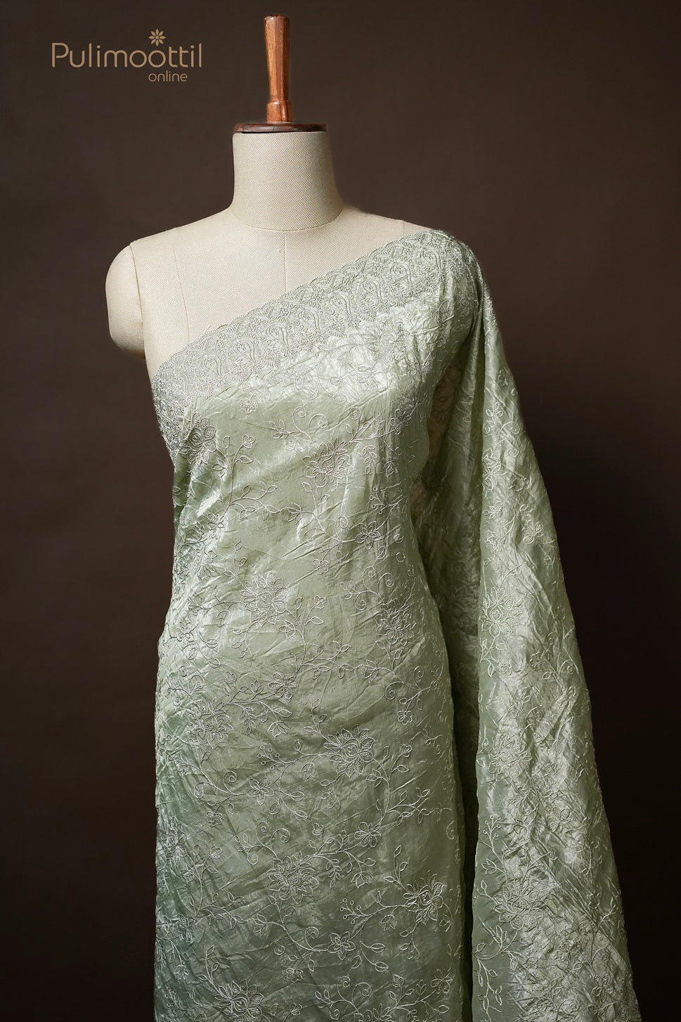 Olive Green Colour Crushed Organza Fancy Saree