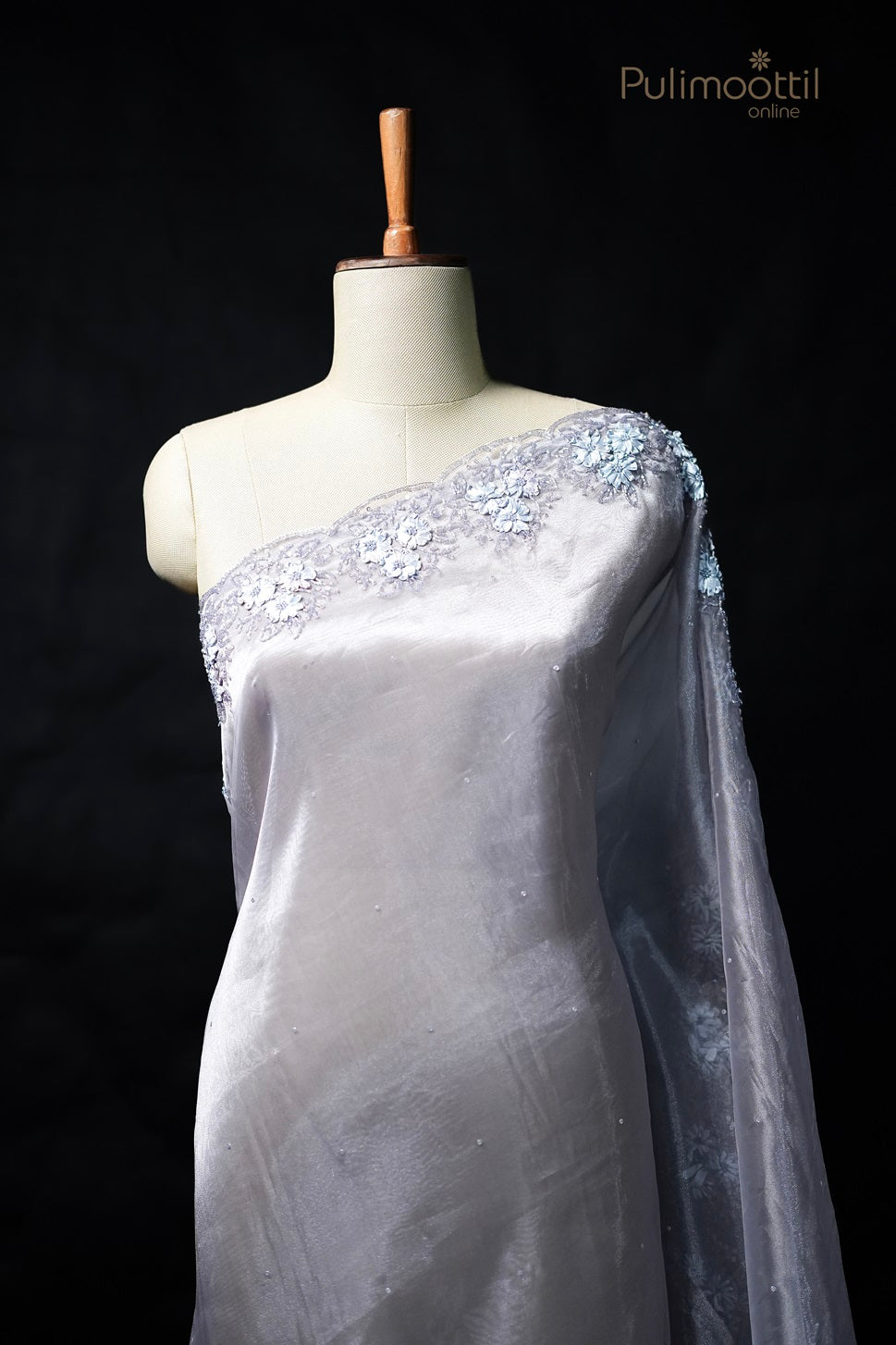 Soft smoke colour silver tissue organza fancy saree