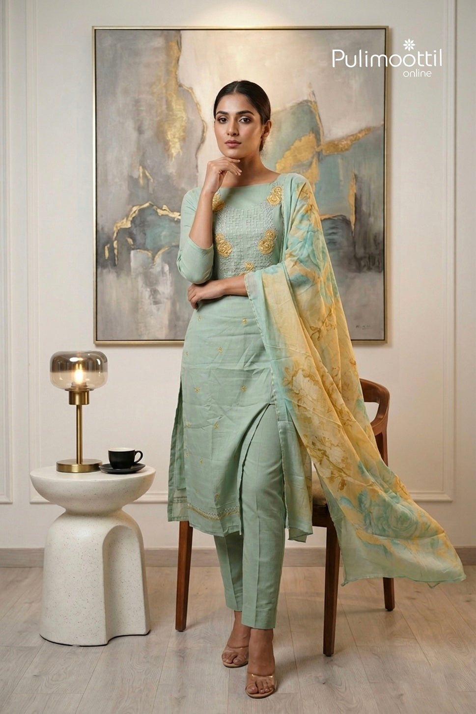Pista Green Chanderi Unstitched Salwar Set