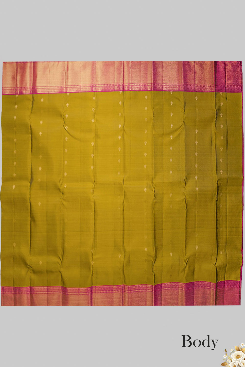 Yellow silk saree body with delicate zari motifs and pink borders, ideal for traditional occasions.