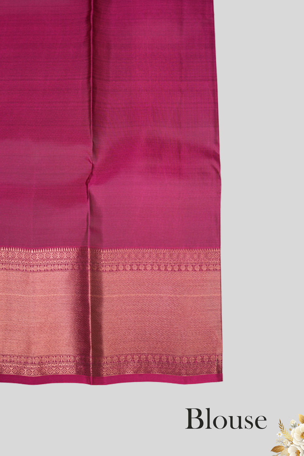 Pink silk blouse piece with gold zari borders, perfectly matching the yellow Kanchipuram saree.