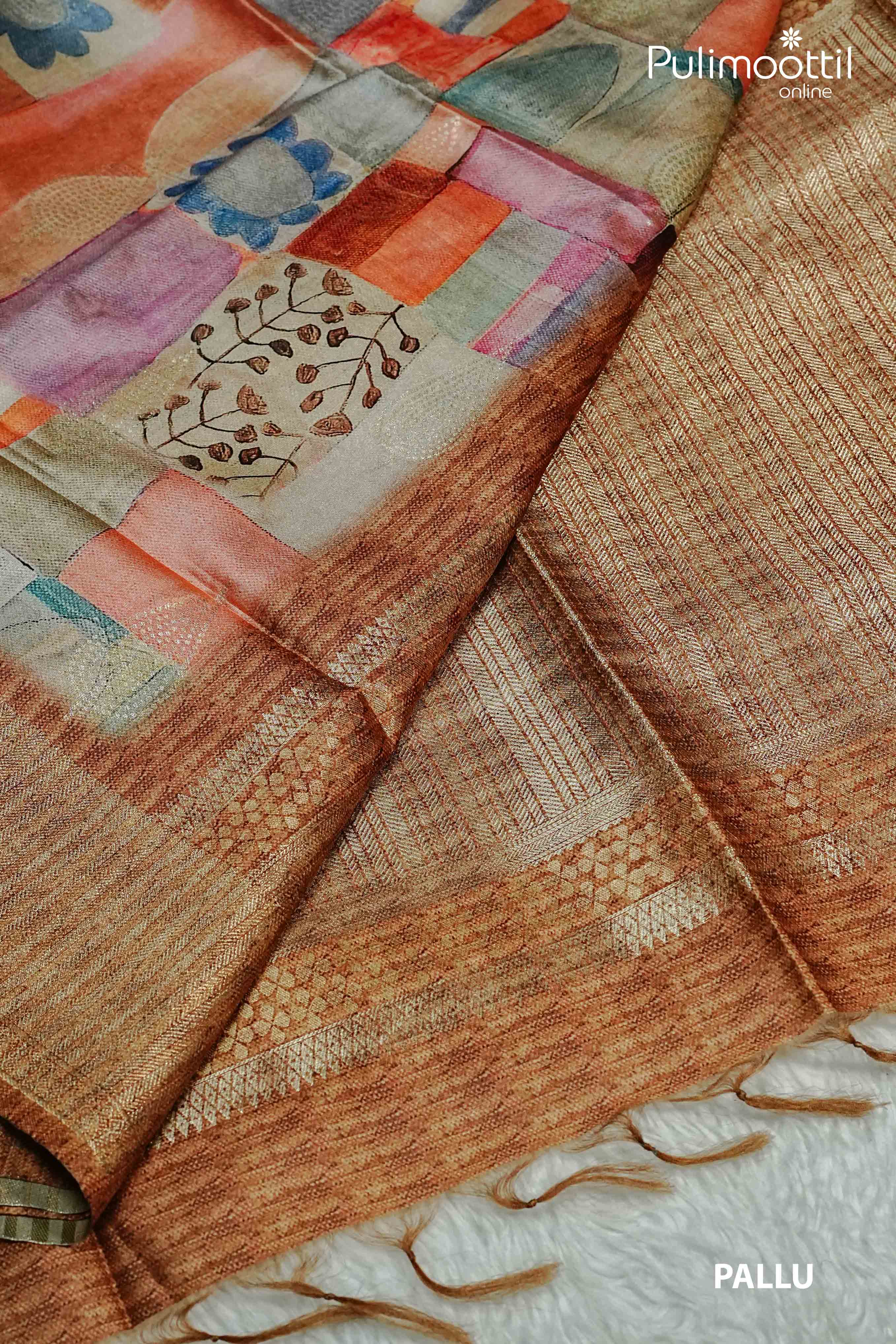Multi Colour Semi Jute Saree. Mixed Colour Printed Design With Contrast Golden Border