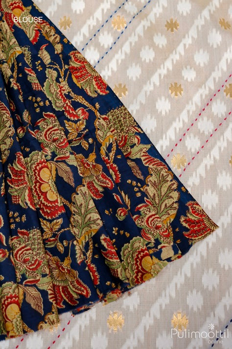 Dual blouse design for off white Chandheri silk saree featuring a navy blue floral zari blouse alongside a gold butta blouse with red and blue running stitches.
