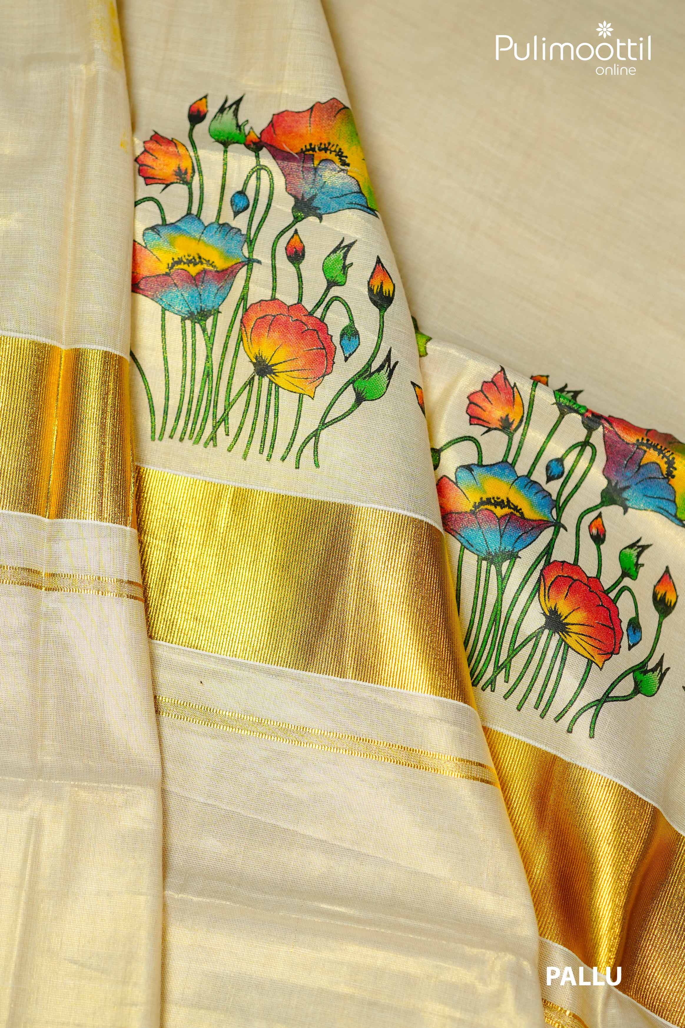Kerala set saree pallu in off-white with golden tissue border, adorned with vibrant multicolor floral print featuring red, yellow, and blue flowers with green stems.