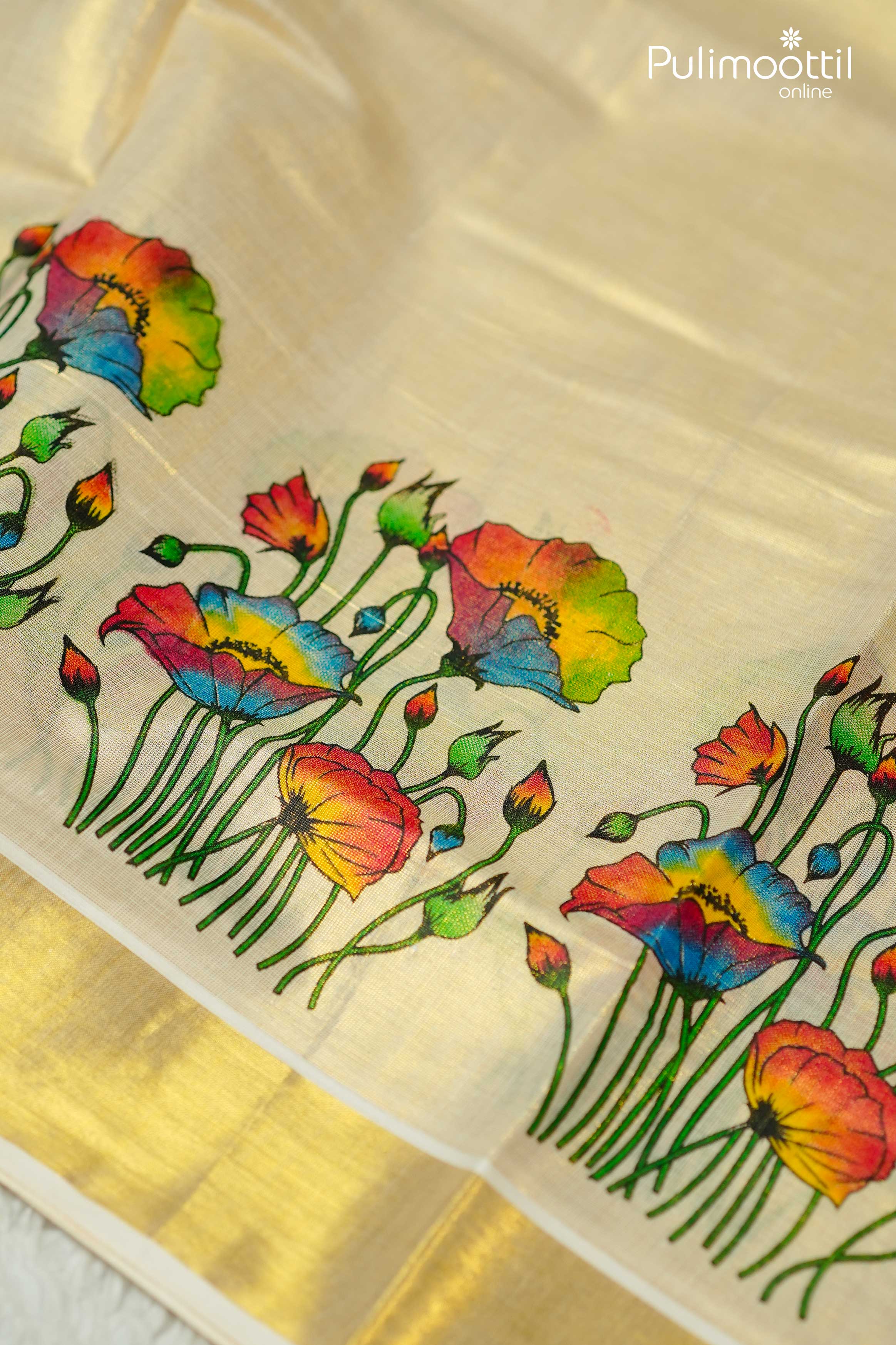 Off white Kerala set saree with vibrant multicolor floral print and golden tissue border – traditional South Indian attire