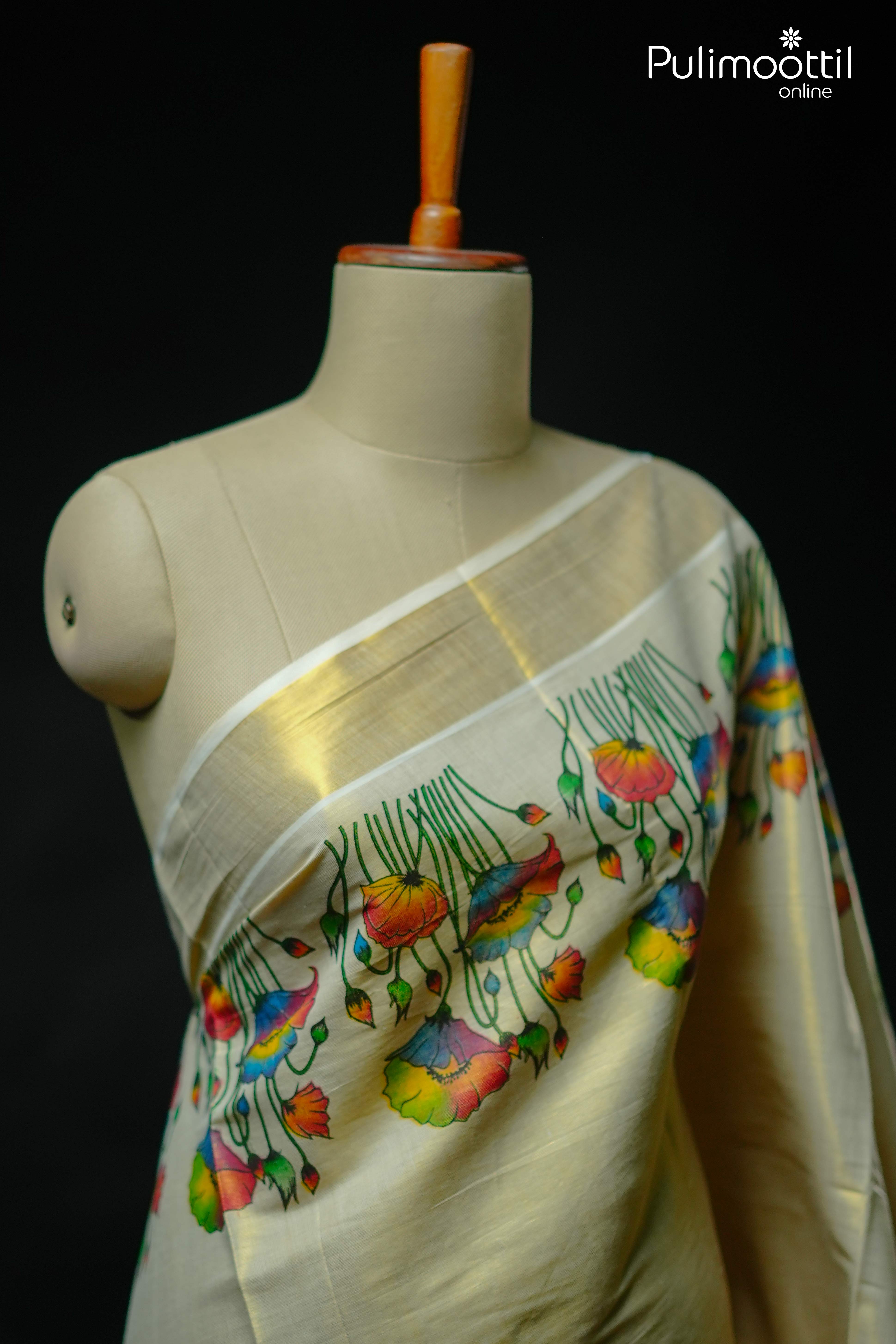 Off white plain blouse with golden tissue border displayed on mannequin – Kerala set saree blouse piece