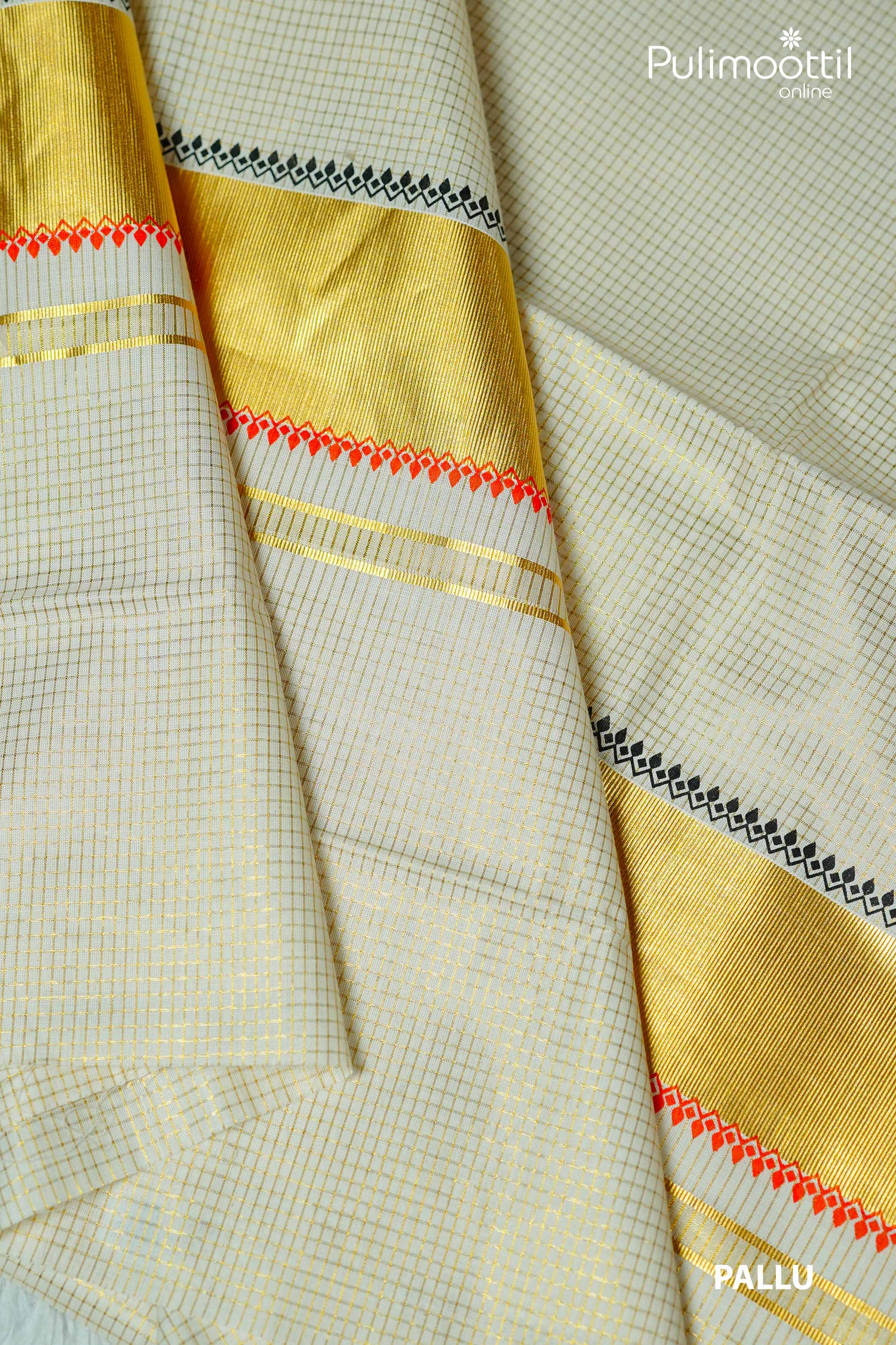 Kerala kasavu saree pallu with golden zari border, red and black temple design patterns