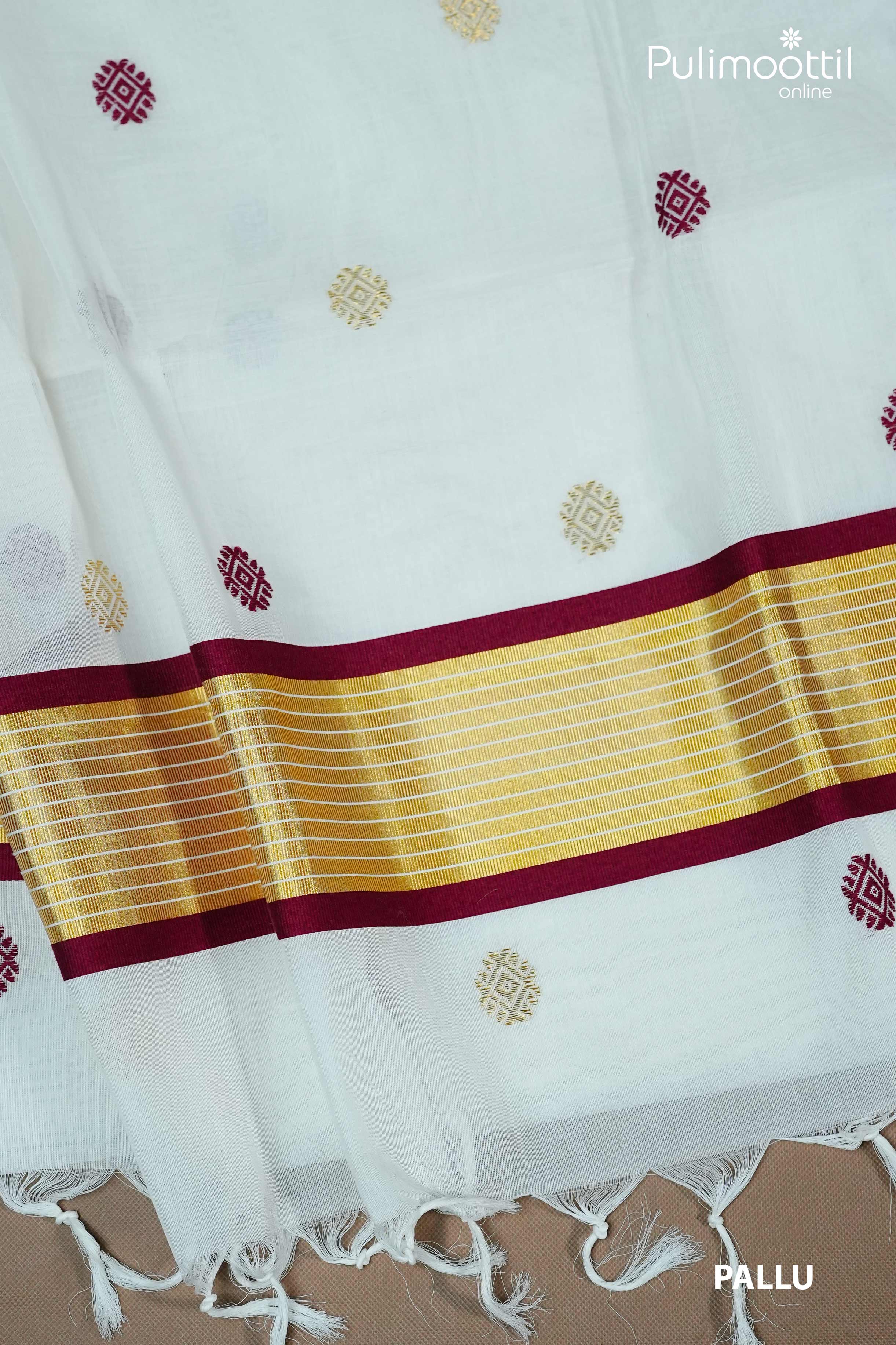 Off White Kerala Set Saree pallu with golden tissue border, maroon edging, mixed zari motifs, and tassel detailing.